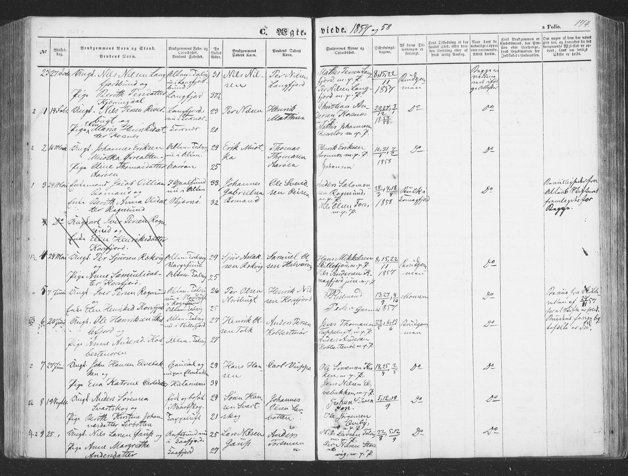 Talvik sokneprestkontor, SATØ/S-1337/H/Ha/L0010kirke: Parish register (official) no. 10, 1852-1864, p. 174