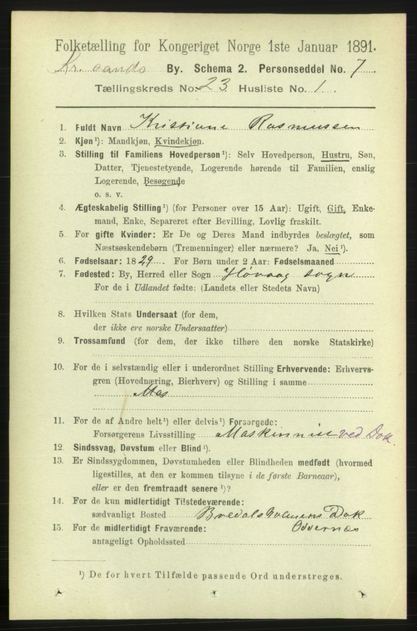 RA, 1891 census for 1001 Kristiansand, 1891, p. 8443