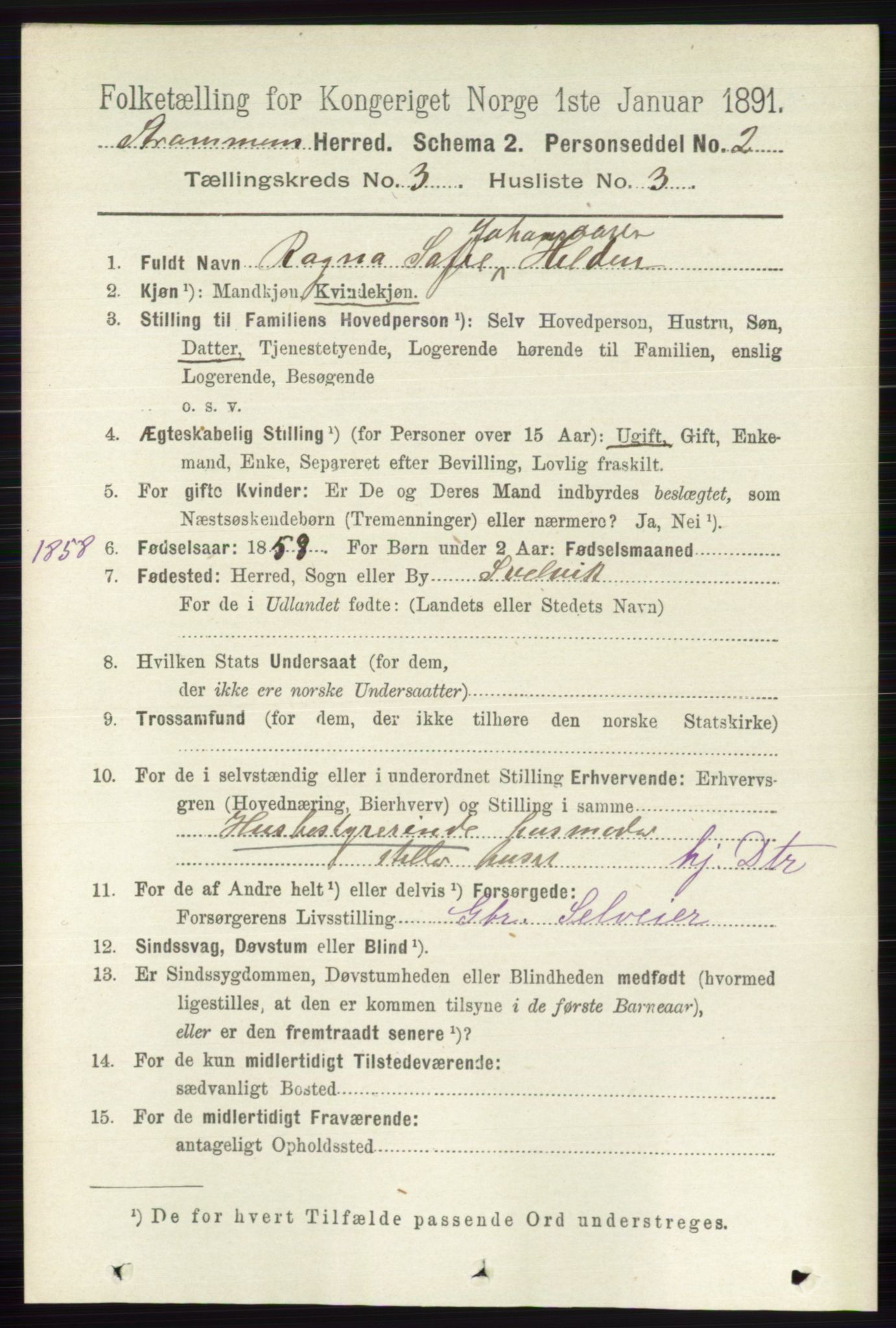 RA, 1891 census for 0711 Strømm, 1891, p. 1083