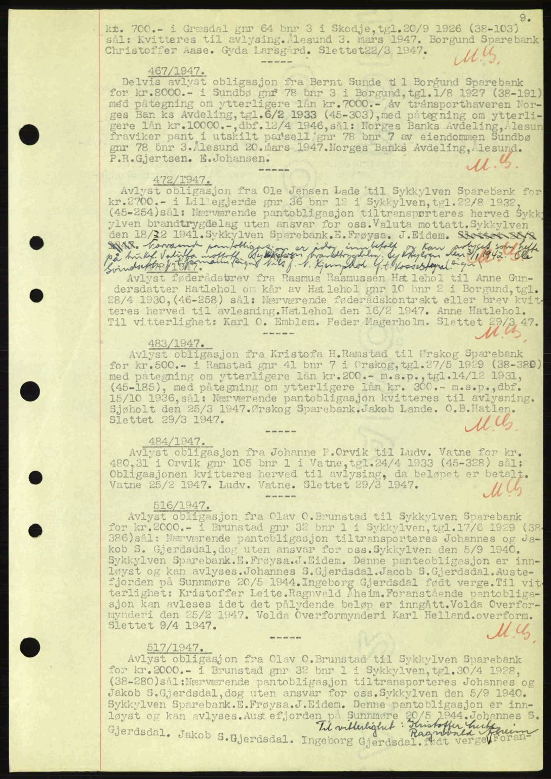 Nordre Sunnmøre sorenskriveri, SAT/A-0006/1/2/2C/2Ca: Mortgage book no. B6-14 a, 1942-1945, Diary no: : 467/1947