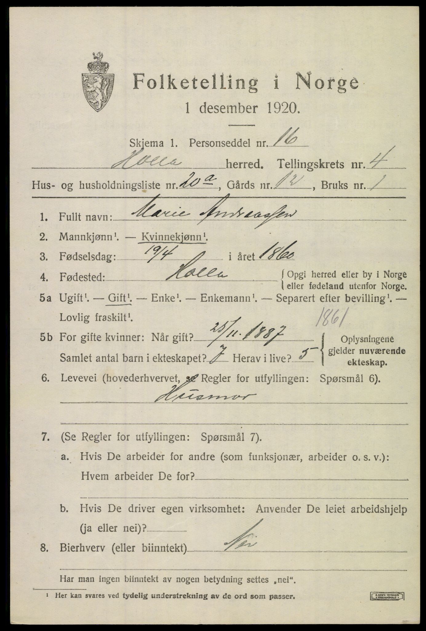 SAKO, 1920 census for Holla, 1920, p. 3825