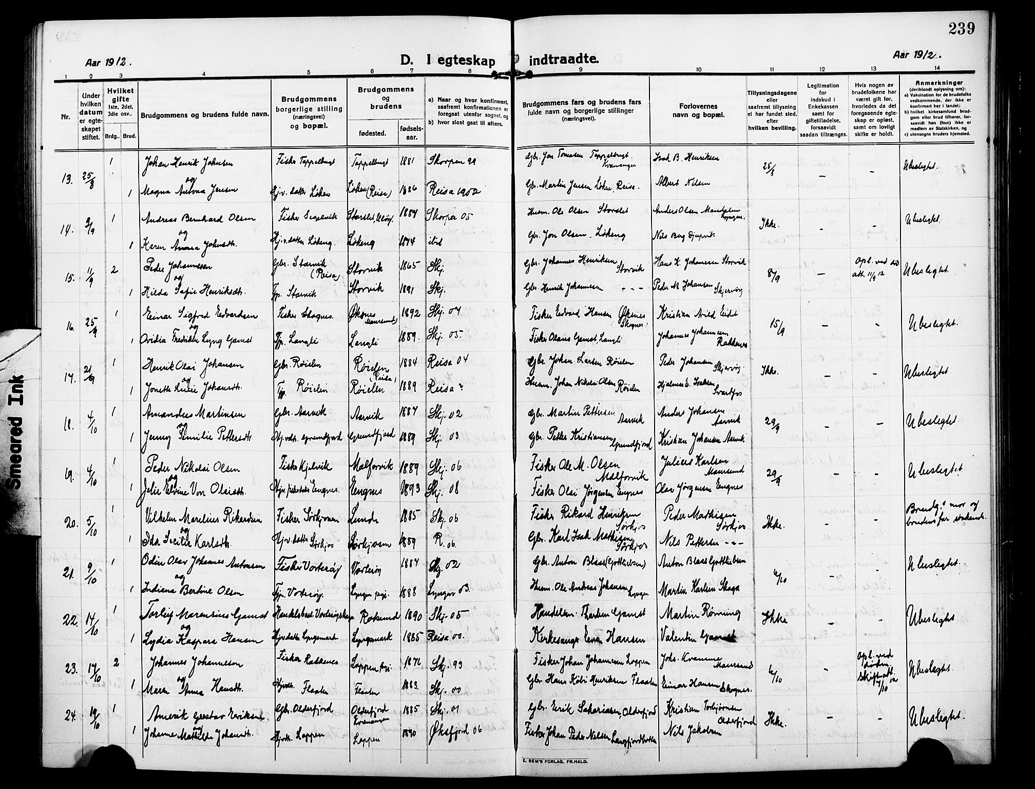 Skjervøy sokneprestkontor, AV/SATØ-S-1300/H/Ha/Hab/L0009klokker: Parish register (copy) no. 9, 1911-1926, p. 239