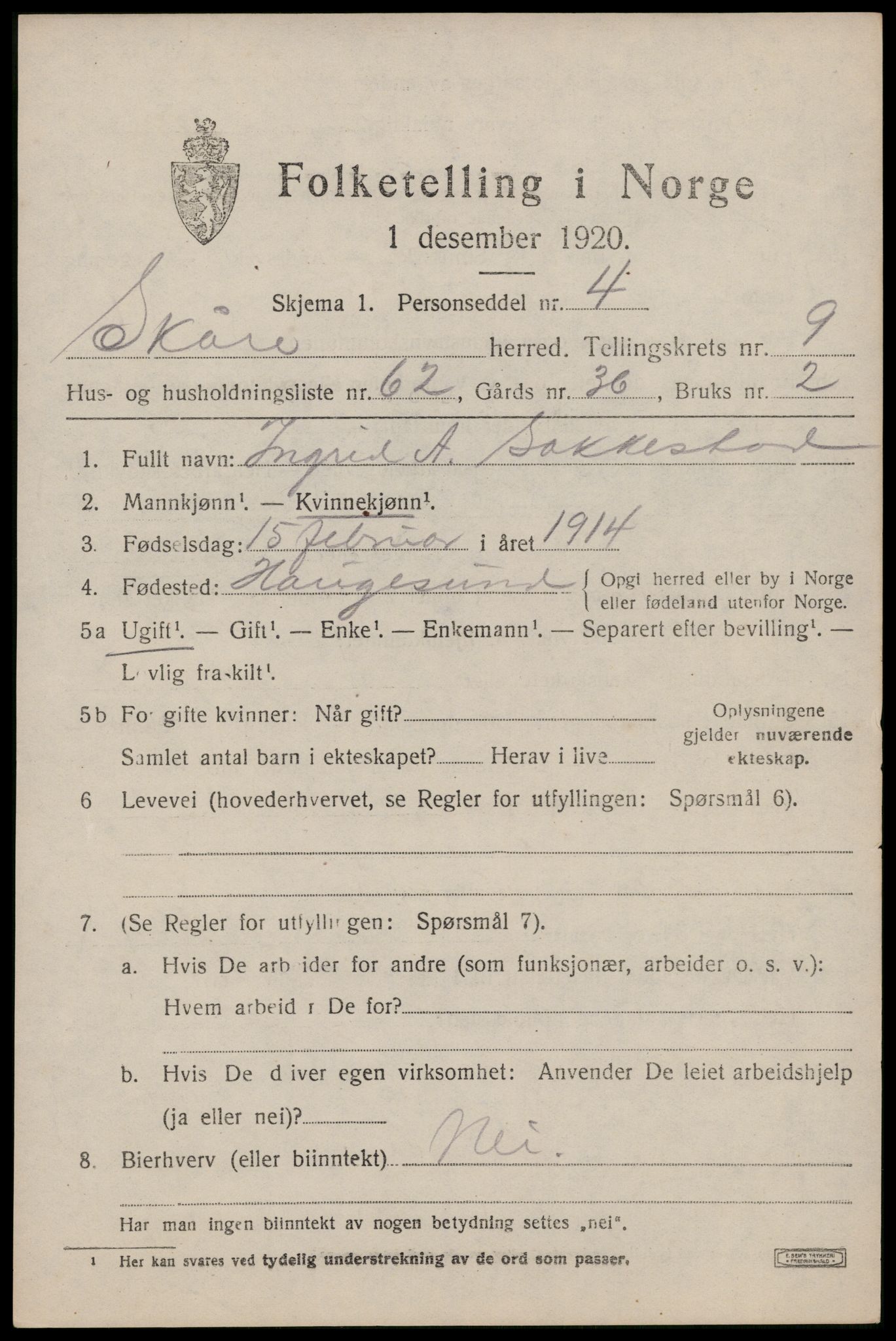 SAST, 1920 census for Skåre, 1920, p. 7850