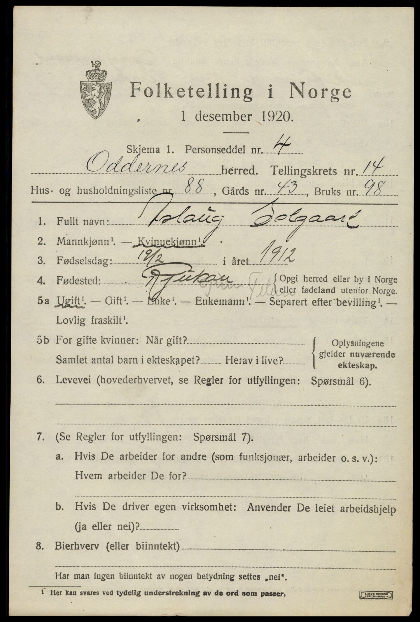 SAK, 1920 census for Oddernes, 1920, p. 9649