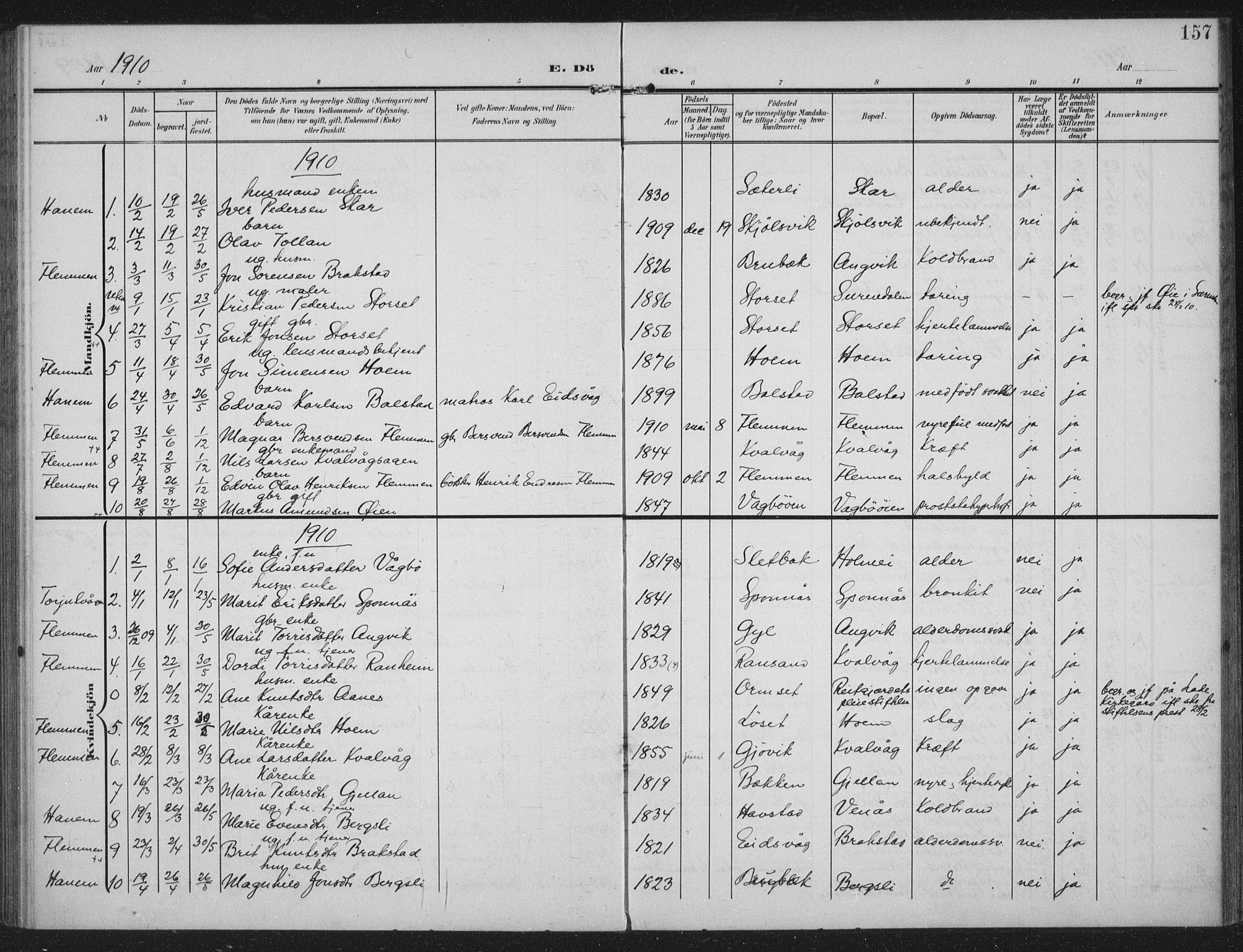 Ministerialprotokoller, klokkerbøker og fødselsregistre - Møre og Romsdal, AV/SAT-A-1454/586/L0989: Parish register (official) no. 586A15, 1906-1915, p. 157