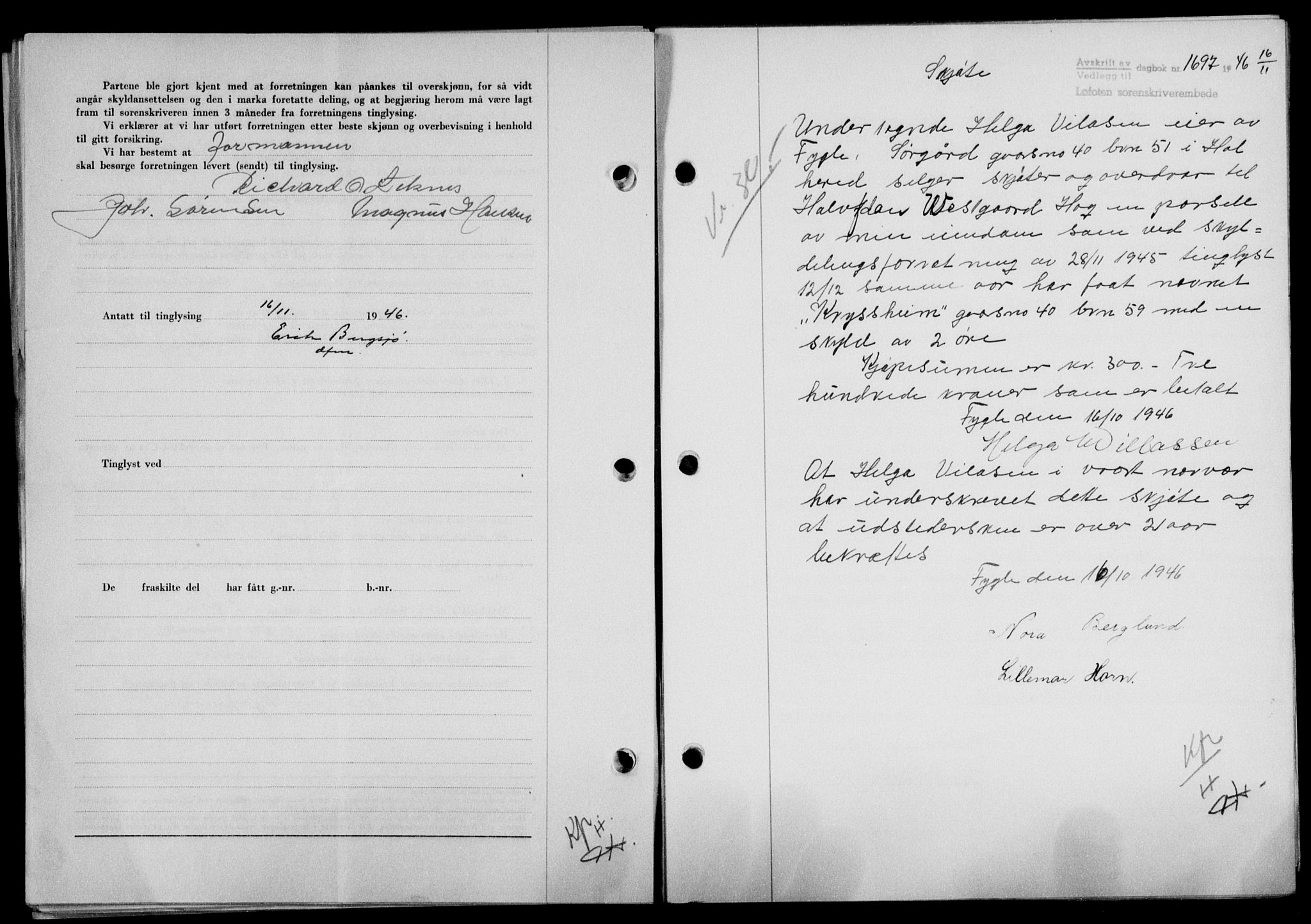 Lofoten sorenskriveri, SAT/A-0017/1/2/2C/L0015a: Mortgage book no. 15a, 1946-1947, Diary no: : 1697/1946