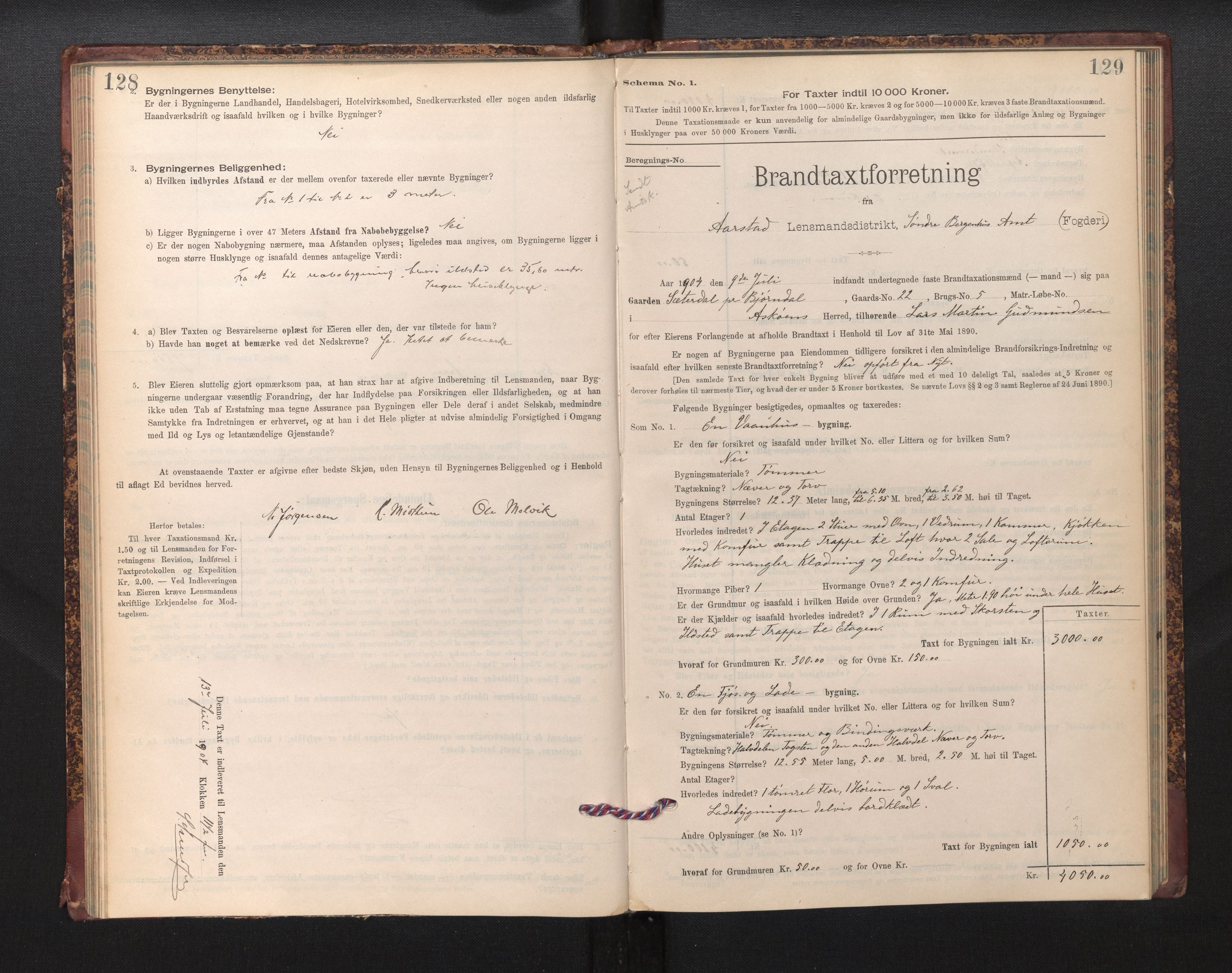 Lensmannen i Årstad, AV/SAB-A-36201/0012/L0013: Branntakstprotokoll,skjematakst, 1901-1907, p. 128-129