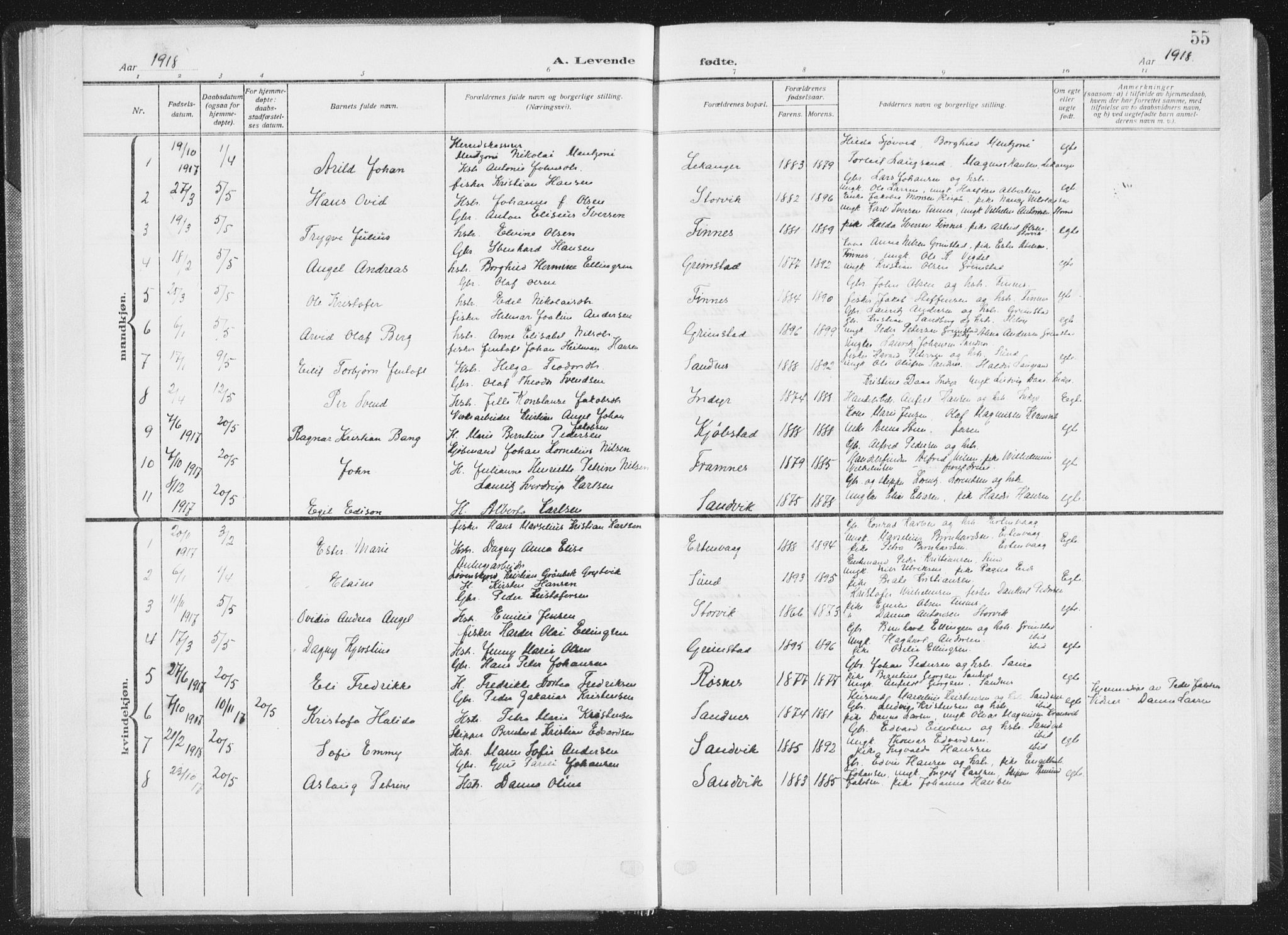 Ministerialprotokoller, klokkerbøker og fødselsregistre - Nordland, AV/SAT-A-1459/805/L0104: Parish register (official) no. 805A09, 1909-1926, p. 55