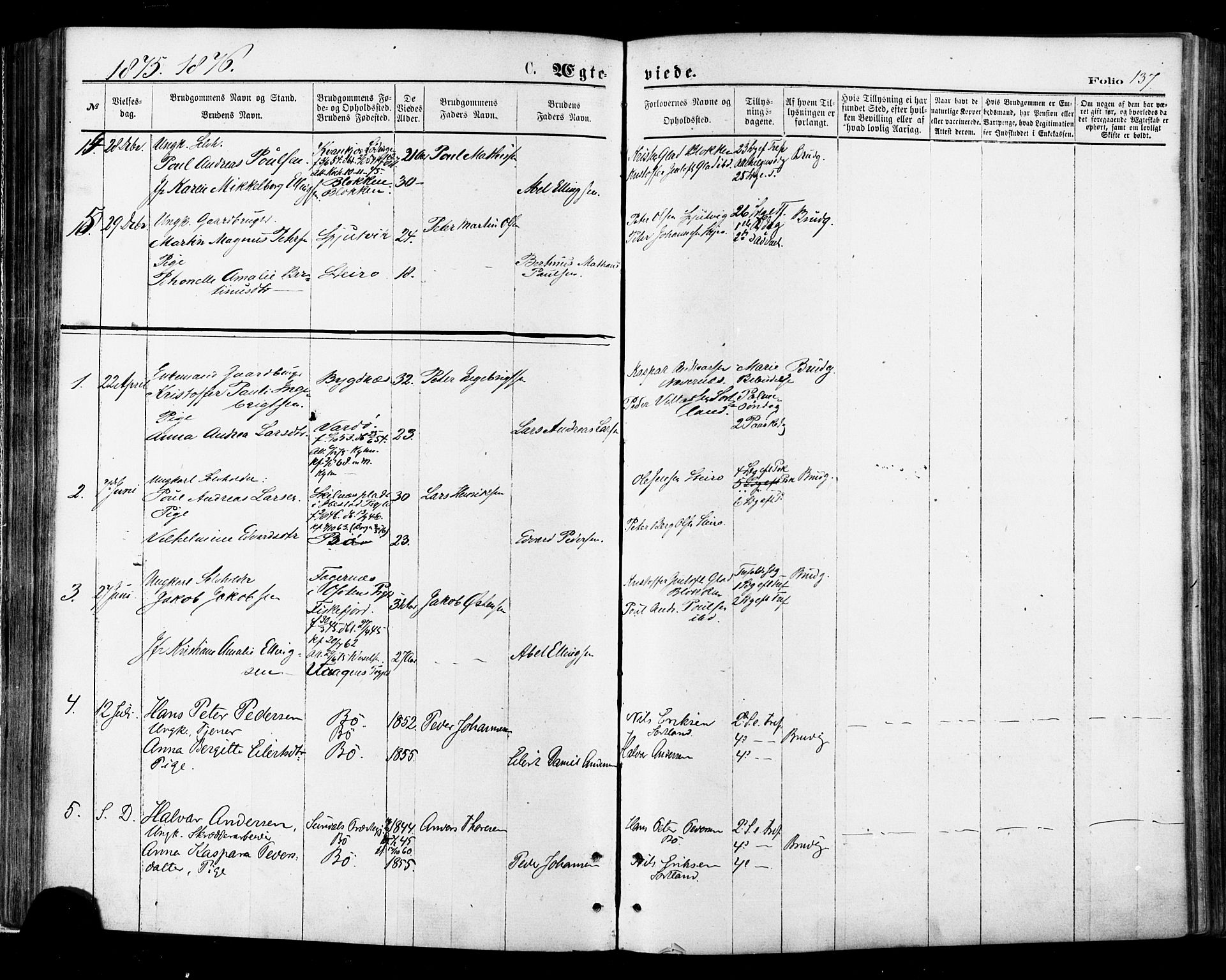 Ministerialprotokoller, klokkerbøker og fødselsregistre - Nordland, AV/SAT-A-1459/895/L1370: Parish register (official) no. 895A05, 1873-1884, p. 137