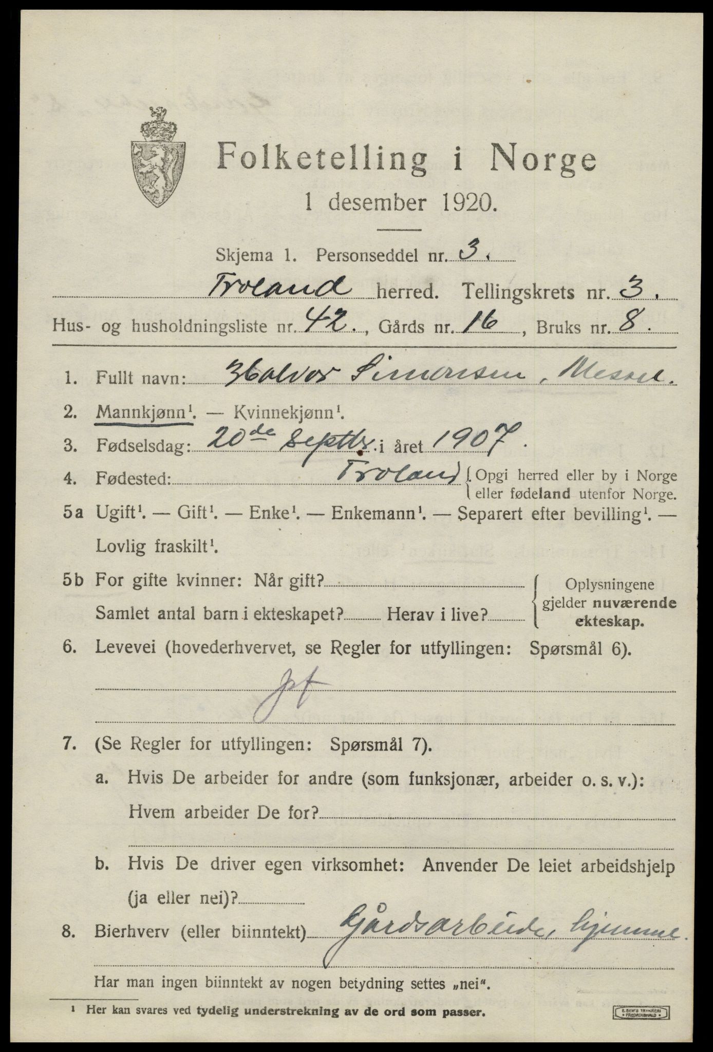 SAK, 1920 census for Froland, 1920, p. 3135