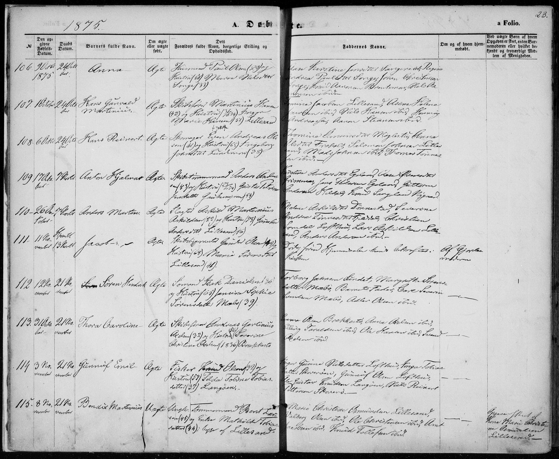 Vestre Moland sokneprestkontor, AV/SAK-1111-0046/F/Fa/Fab/L0008: Parish register (official) no. A 8, 1873-1883, p. 23