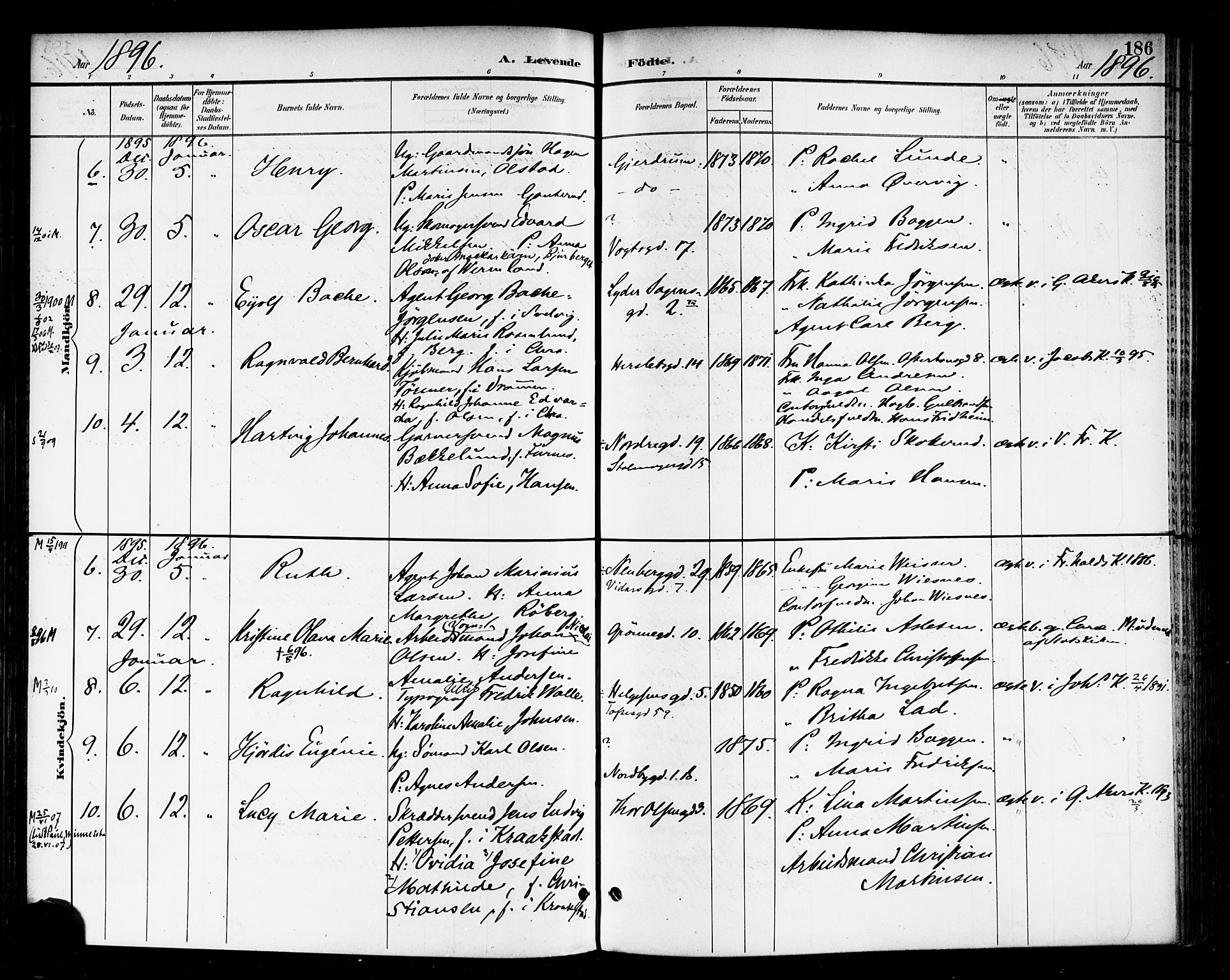 Rikshospitalet prestekontor Kirkebøker, AV/SAO-A-10309b/F/L0009: Parish register (official) no. 9, 1894-1897, p. 186