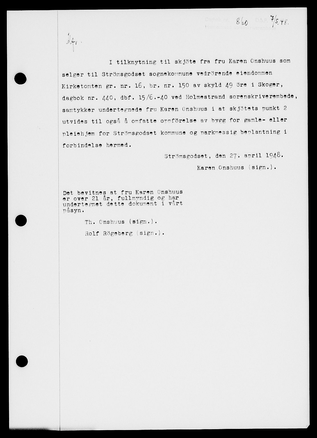 Holmestrand sorenskriveri, AV/SAKO-A-67/G/Ga/Gaa/L0064: Mortgage book no. A-64, 1948-1948, Diary no: : 860/1948