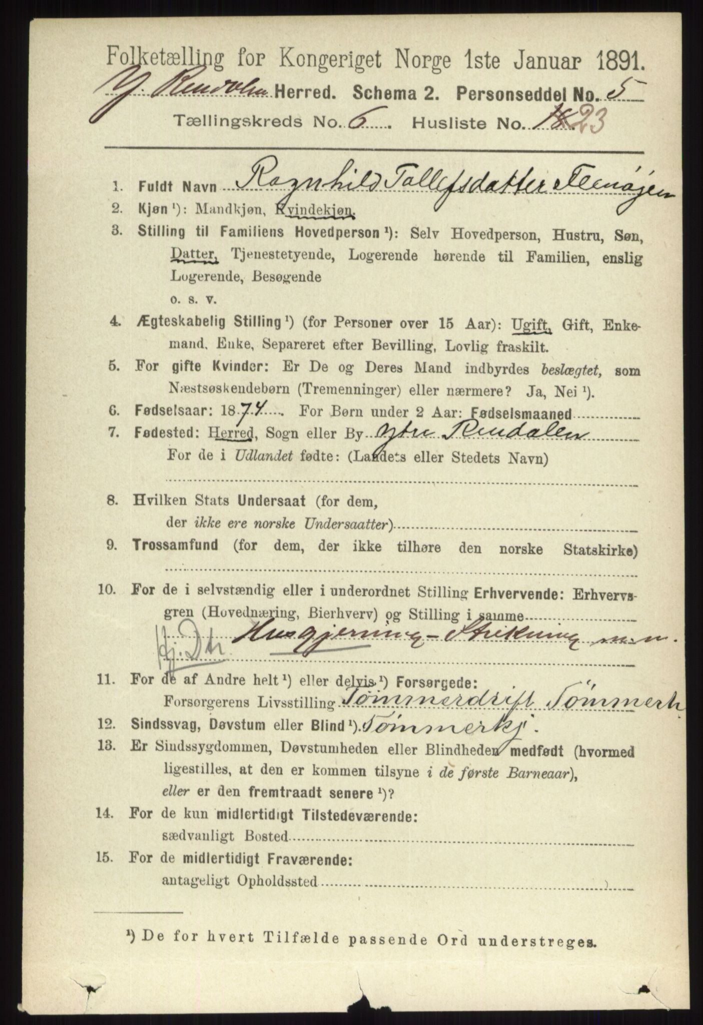 RA, 1891 census for 0432 Ytre Rendal, 1891, p. 1815