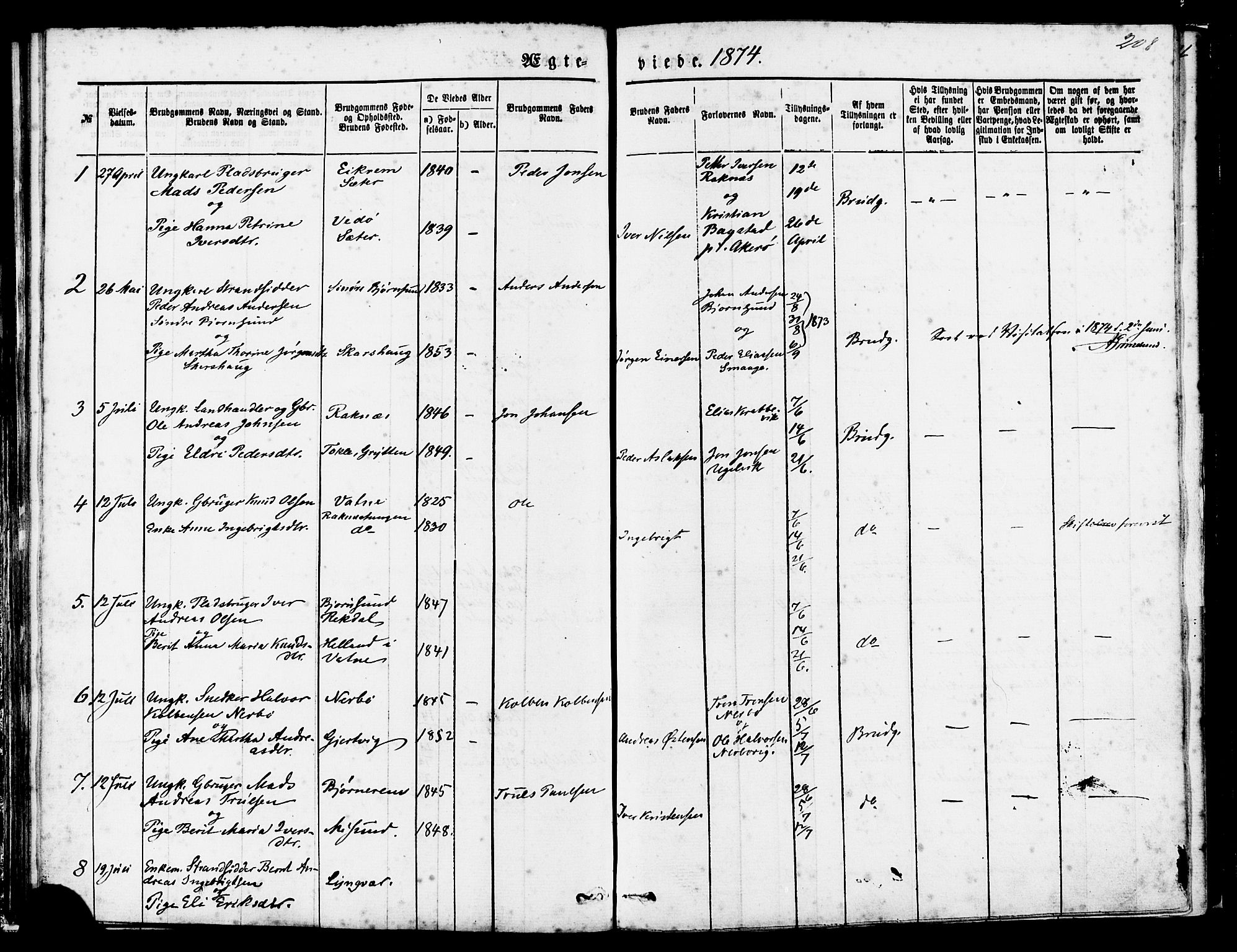 Ministerialprotokoller, klokkerbøker og fødselsregistre - Møre og Romsdal, SAT/A-1454/560/L0720: Parish register (official) no. 560A04, 1873-1878, p. 208