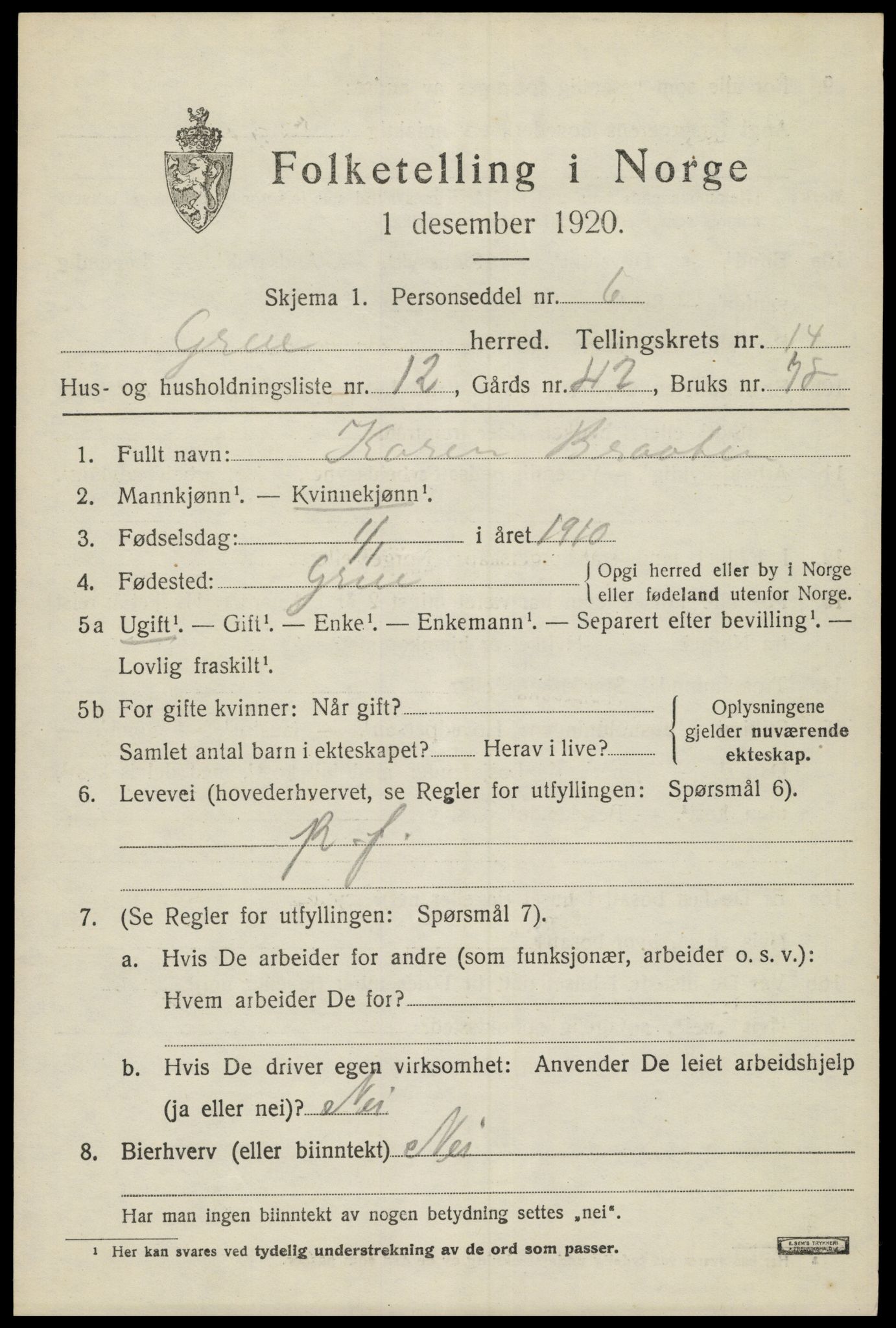 SAH, 1920 census for Grue, 1920, p. 13049