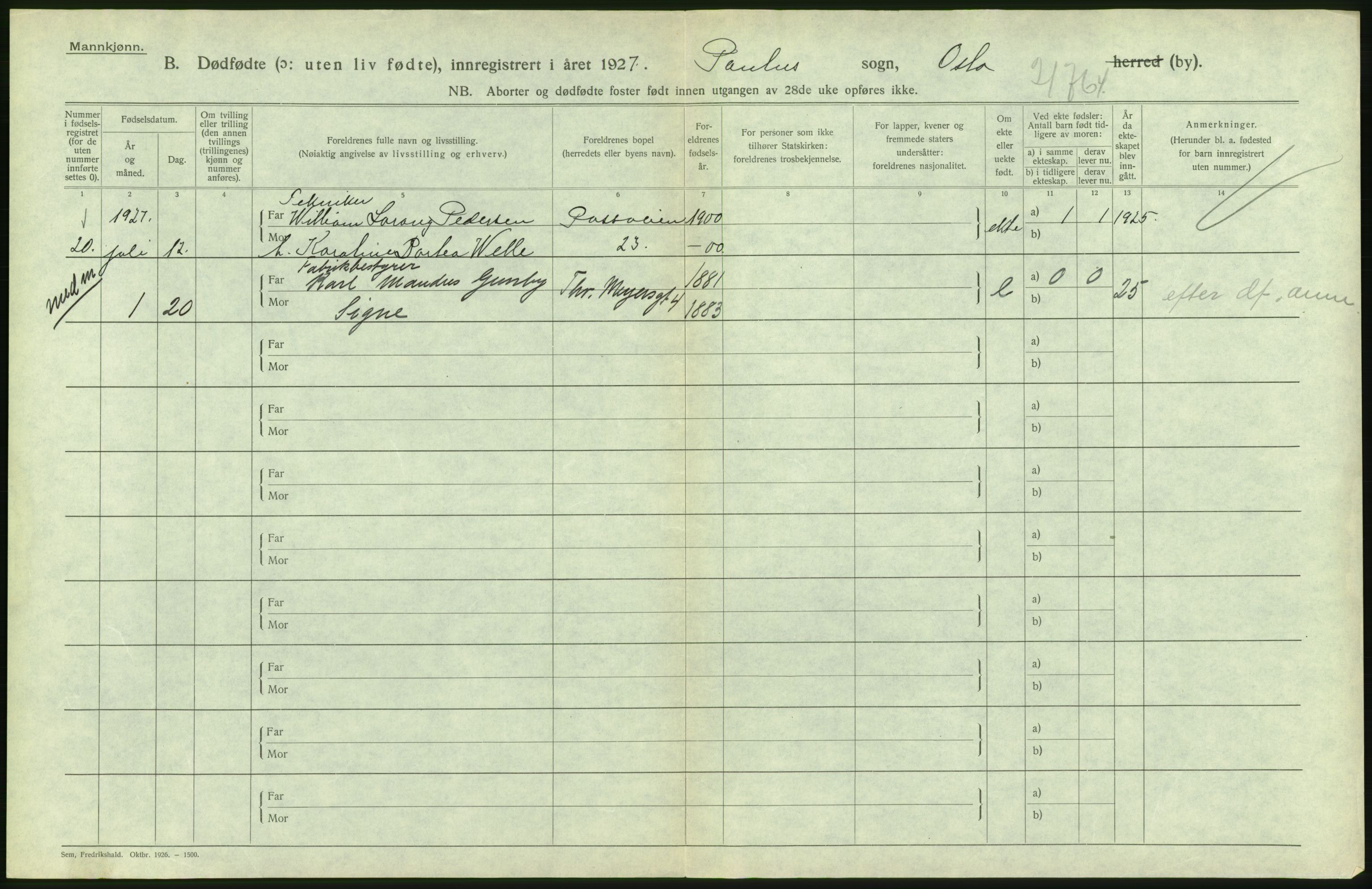 Statistisk sentralbyrå, Sosiodemografiske emner, Befolkning, AV/RA-S-2228/D/Df/Dfc/Dfcg/L0010: Oslo: Døde kvinner, dødfødte, 1927, p. 94