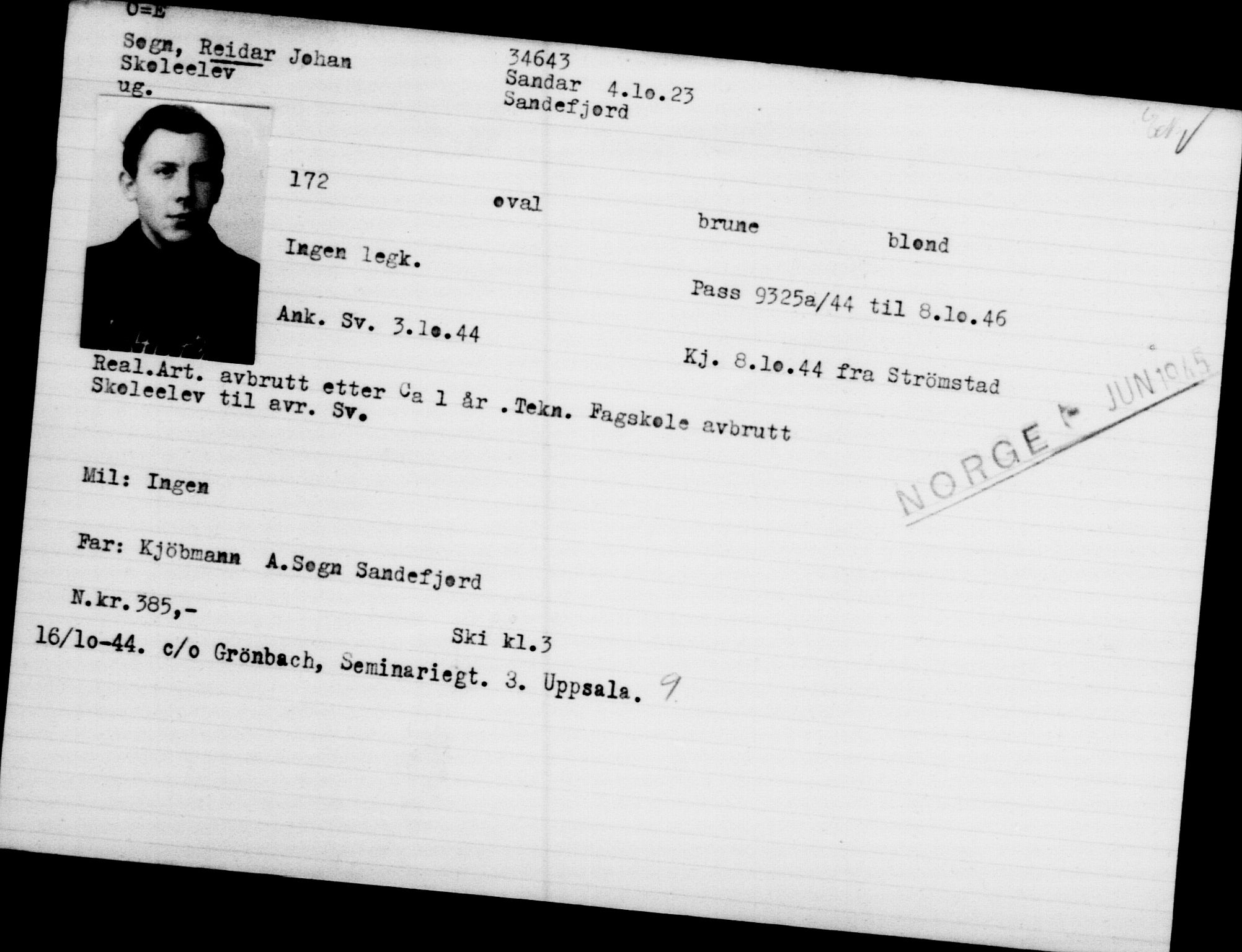 Utenriksstasjonene, Legasjonen i Stockholm, Flyktningkontoret, AV/RA-S-6753/V/Va/L0013: Kjesäterkartoteket, flyktninger med registreringsnr. 31500-34731, 1940-1945, p. 3311