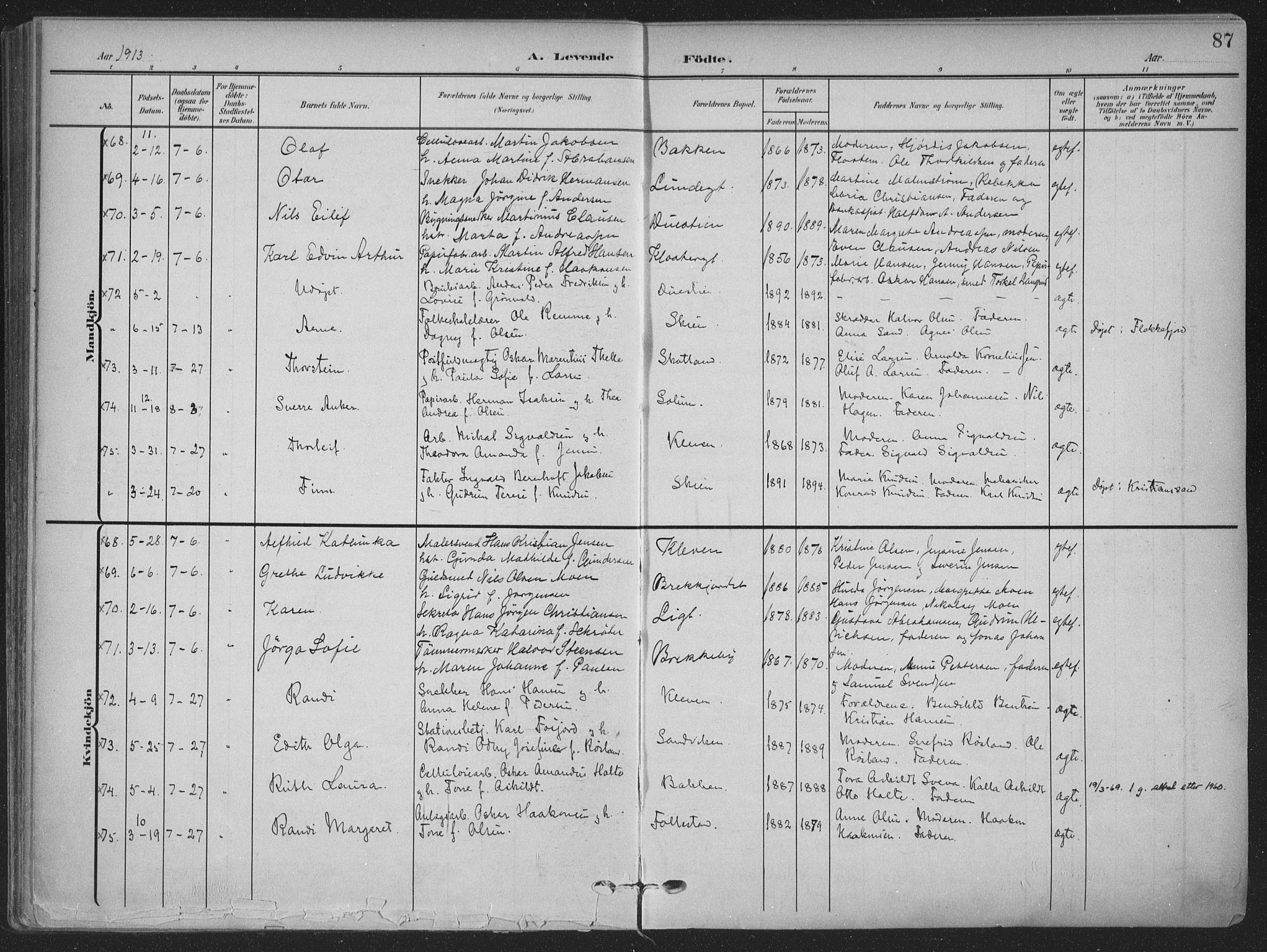Skien kirkebøker, SAKO/A-302/F/Fa/L0012: Parish register (official) no. 12, 1908-1914, p. 87