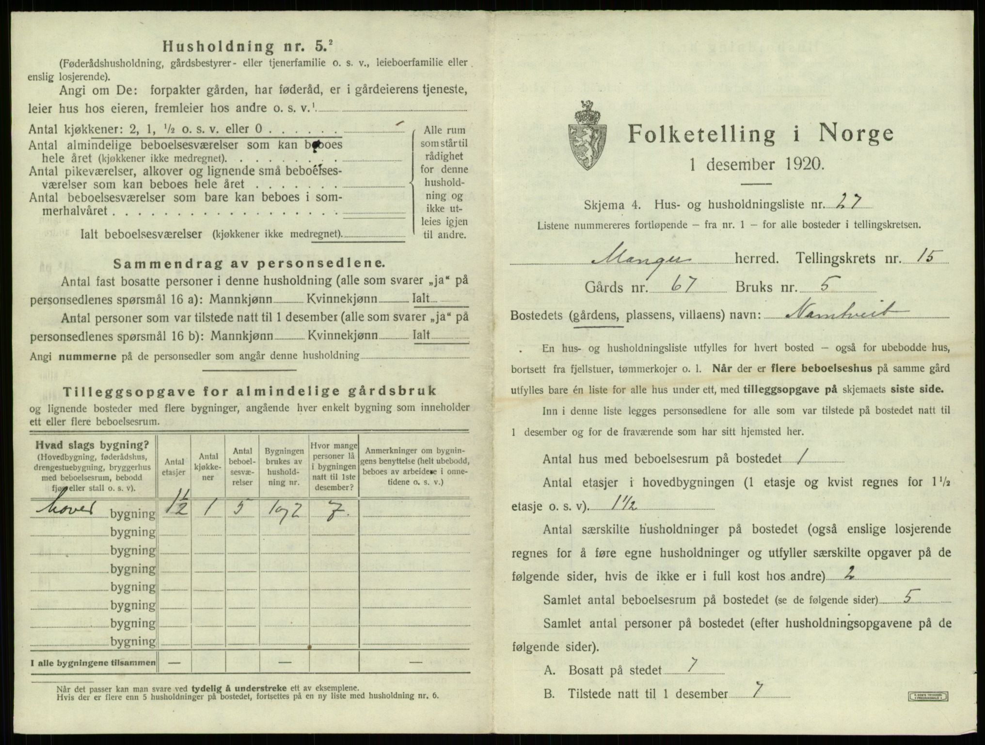 SAB, 1920 census for Manger, 1920, p. 1176