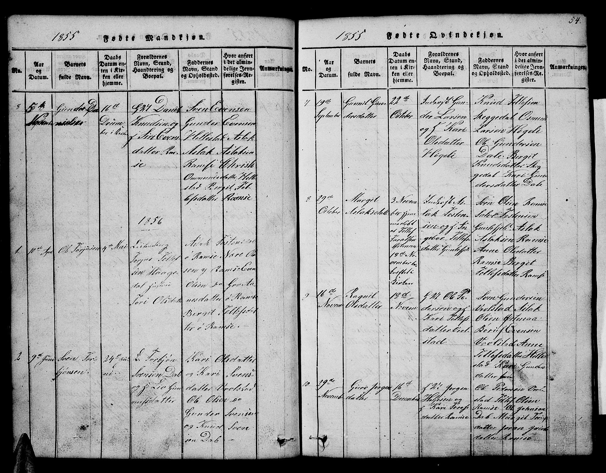 Åmli sokneprestkontor, AV/SAK-1111-0050/F/Fb/Fbb/L0001: Parish register (copy) no. B 1, 1816-1889, p. 54