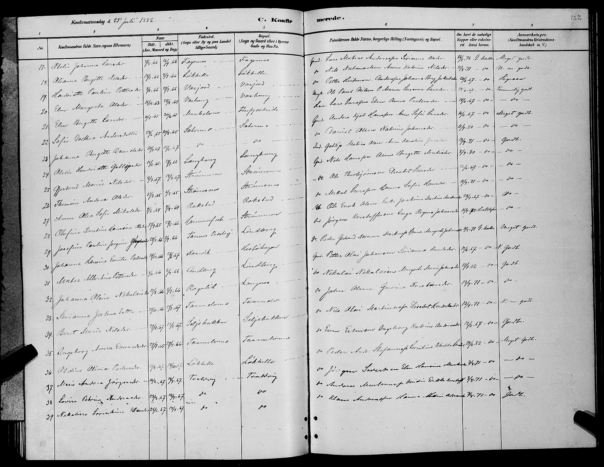 Lenvik sokneprestembete, AV/SATØ-S-1310/H/Ha/Hab/L0006klokker: Parish register (copy) no. 6, 1881-1889, p. 122