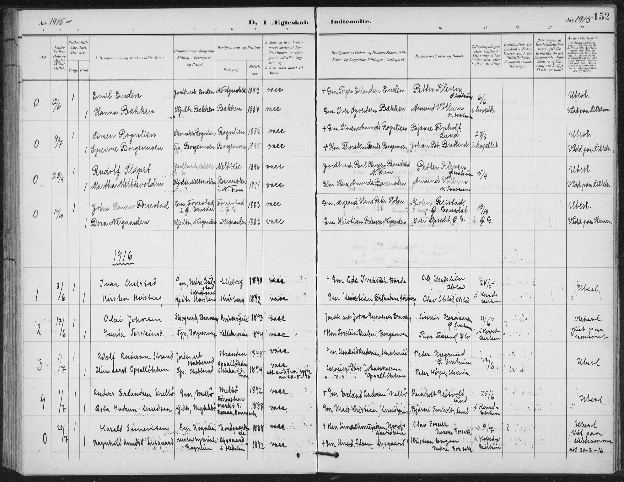 Vestre Gausdal prestekontor, SAH/PREST-094/H/Ha/Hab/L0004: Parish register (copy) no. 4, 1898-1939, p. 152