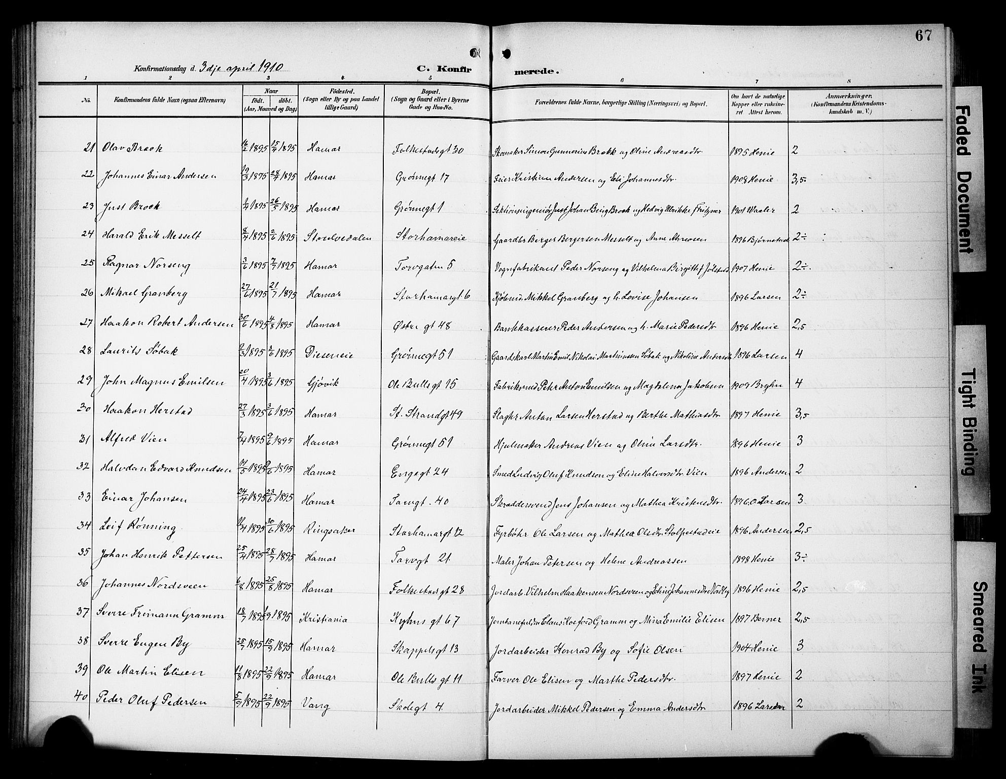Hamar prestekontor, SAH/DOMPH-002/H/Ha/Hab/L0002: Parish register (copy) no. 2, 1899-1929, p. 67