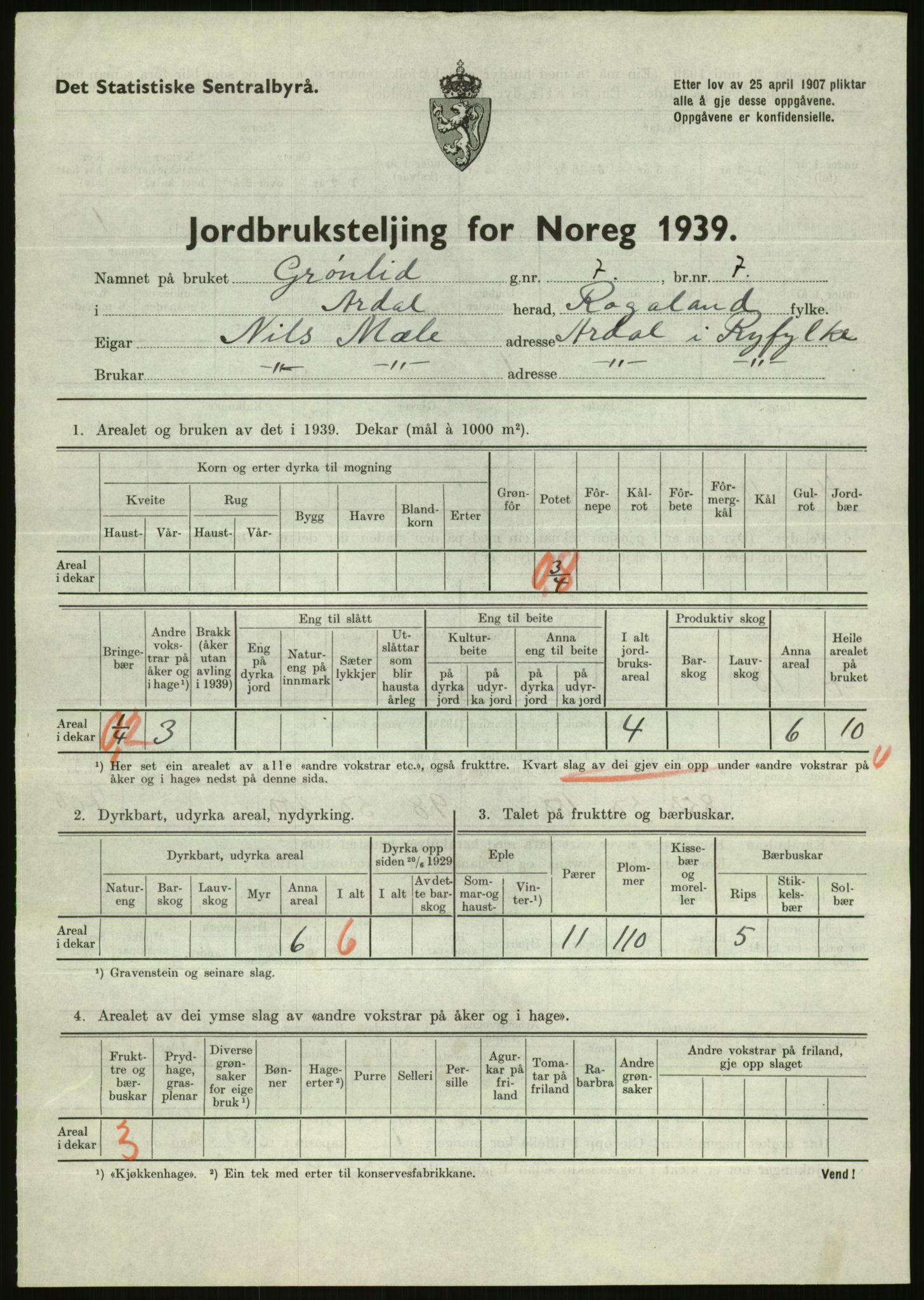 Statistisk sentralbyrå, Næringsøkonomiske emner, Jordbruk, skogbruk, jakt, fiske og fangst, AV/RA-S-2234/G/Gb/L0184: Rogaland: Årdal, Fister og Hjelmeland, 1939, p. 411