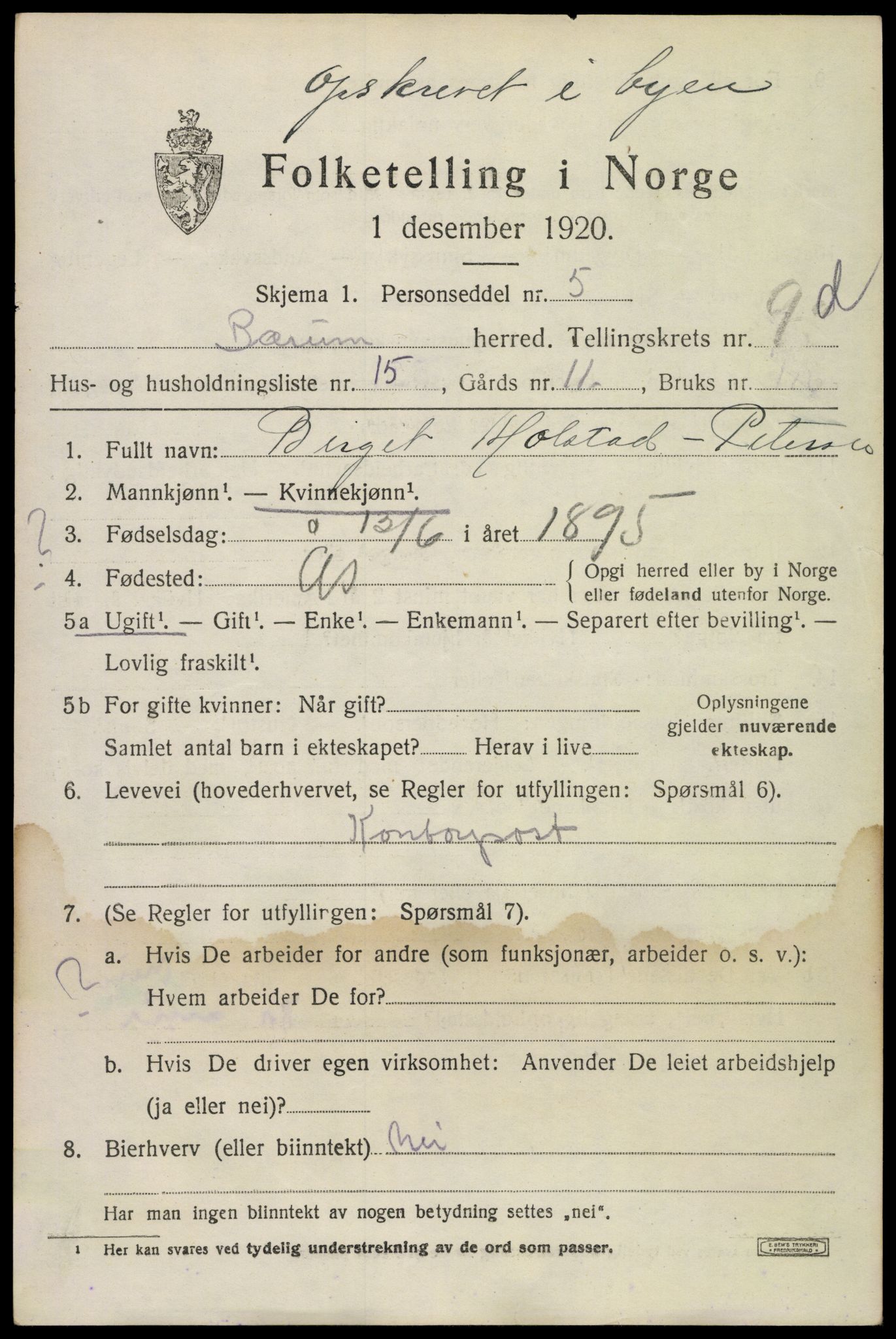 SAO, 1920 census for Bærum, 1920, p. 22984