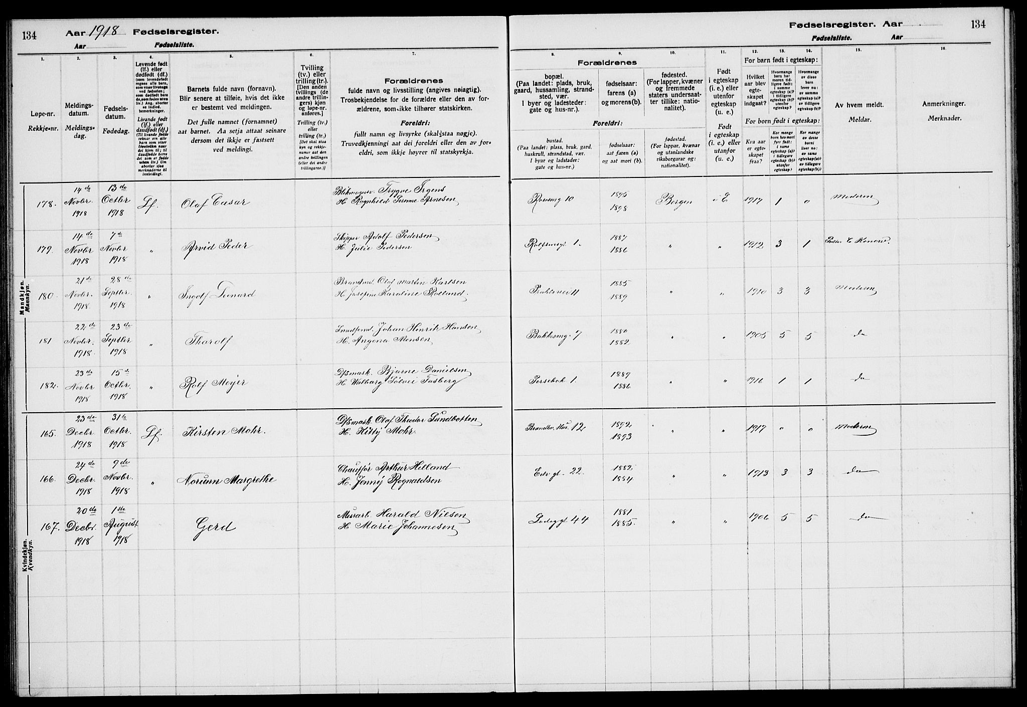 Sandviken Sokneprestembete, AV/SAB-A-77601/I/Ib/L00A1: Birth register no. A 1, 1915-1920, p. 134