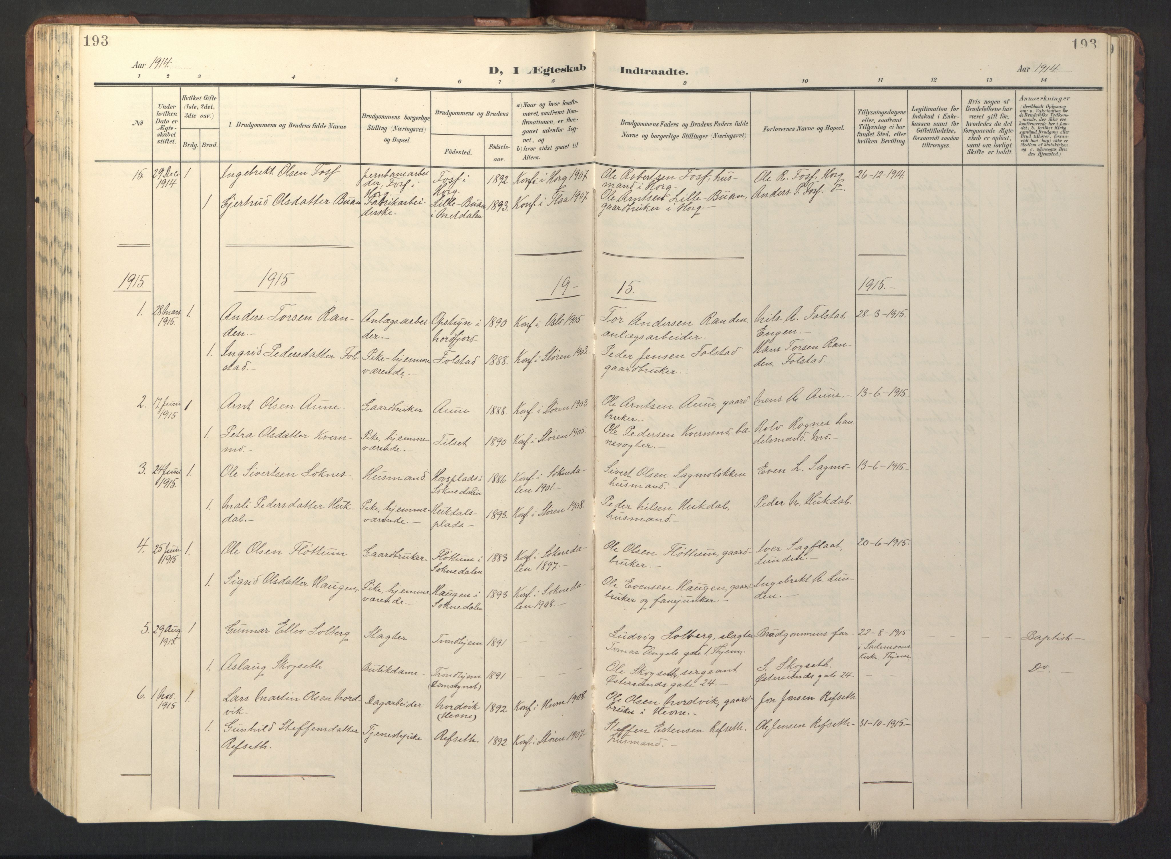 Ministerialprotokoller, klokkerbøker og fødselsregistre - Sør-Trøndelag, SAT/A-1456/687/L1019: Parish register (copy) no. 687C03, 1904-1931, p. 193