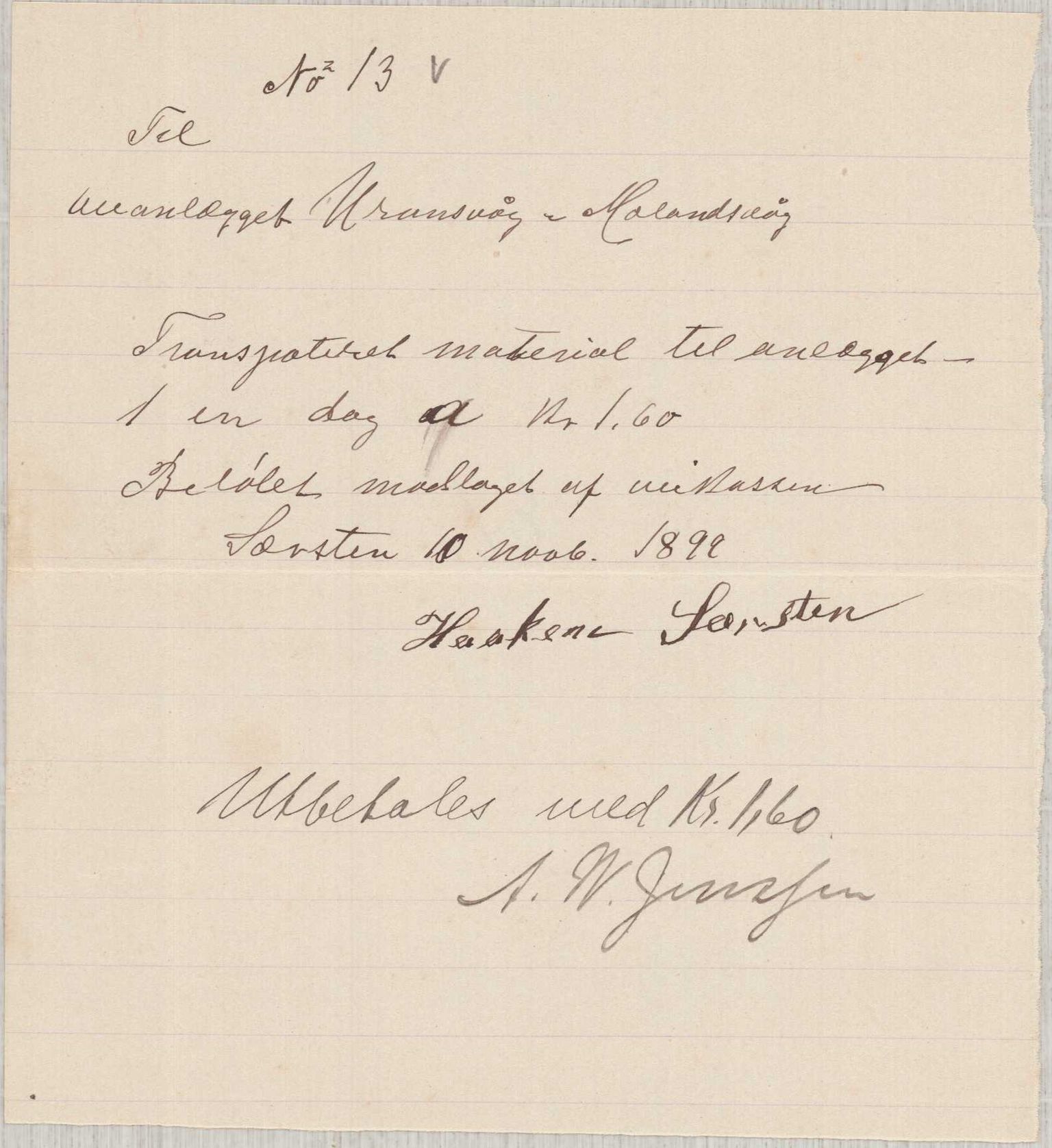 Finnaas kommune. Formannskapet, IKAH/1218a-021/E/Ea/L0002/0001: Rekneskap for veganlegg / Rekneskap for veganlegget Urangsvåg - Mælandsvåg, 1898-1900, p. 110