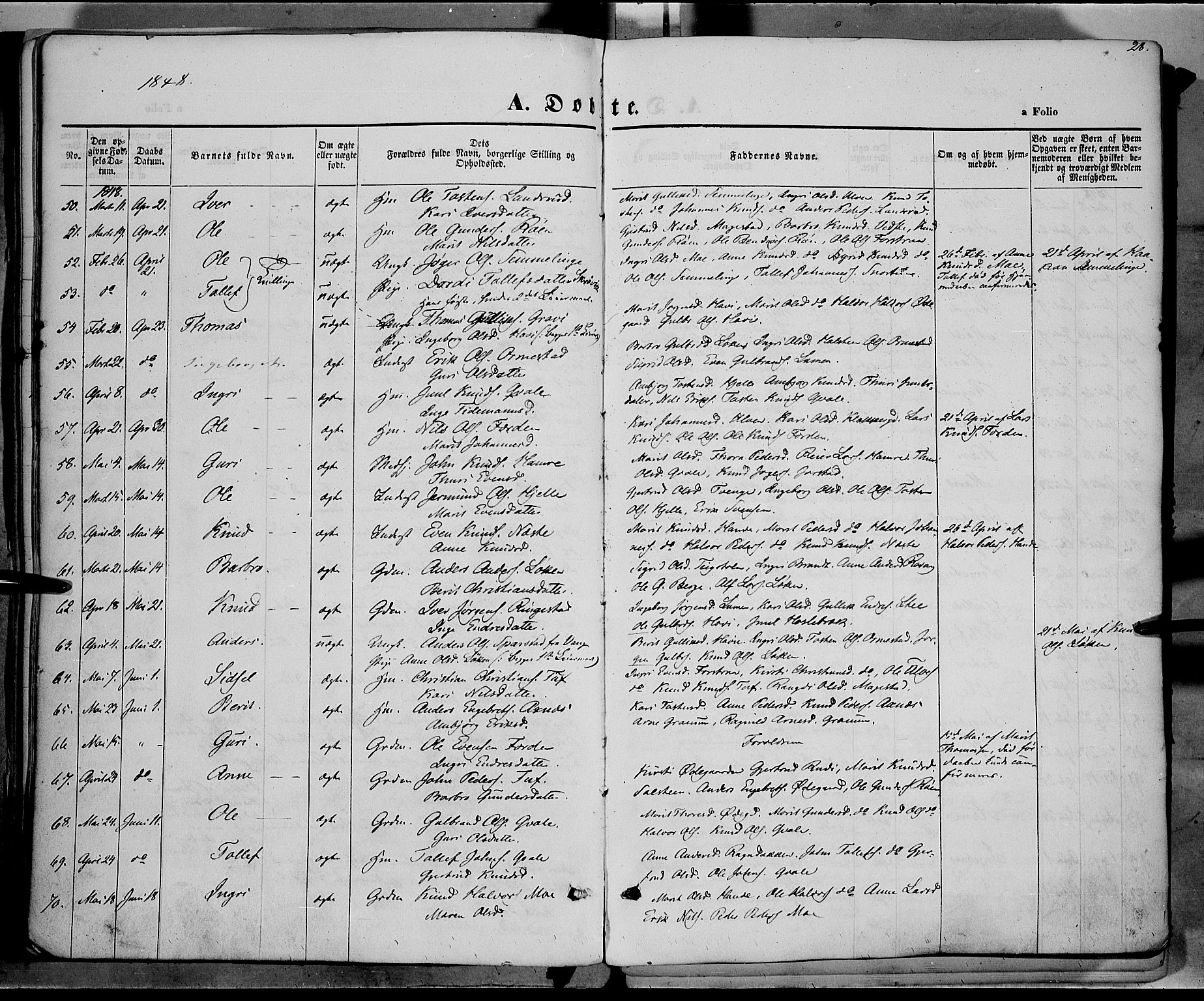 Vestre Slidre prestekontor, SAH/PREST-136/H/Ha/Haa/L0001: Parish register (official) no. 1, 1844-1855, p. 28