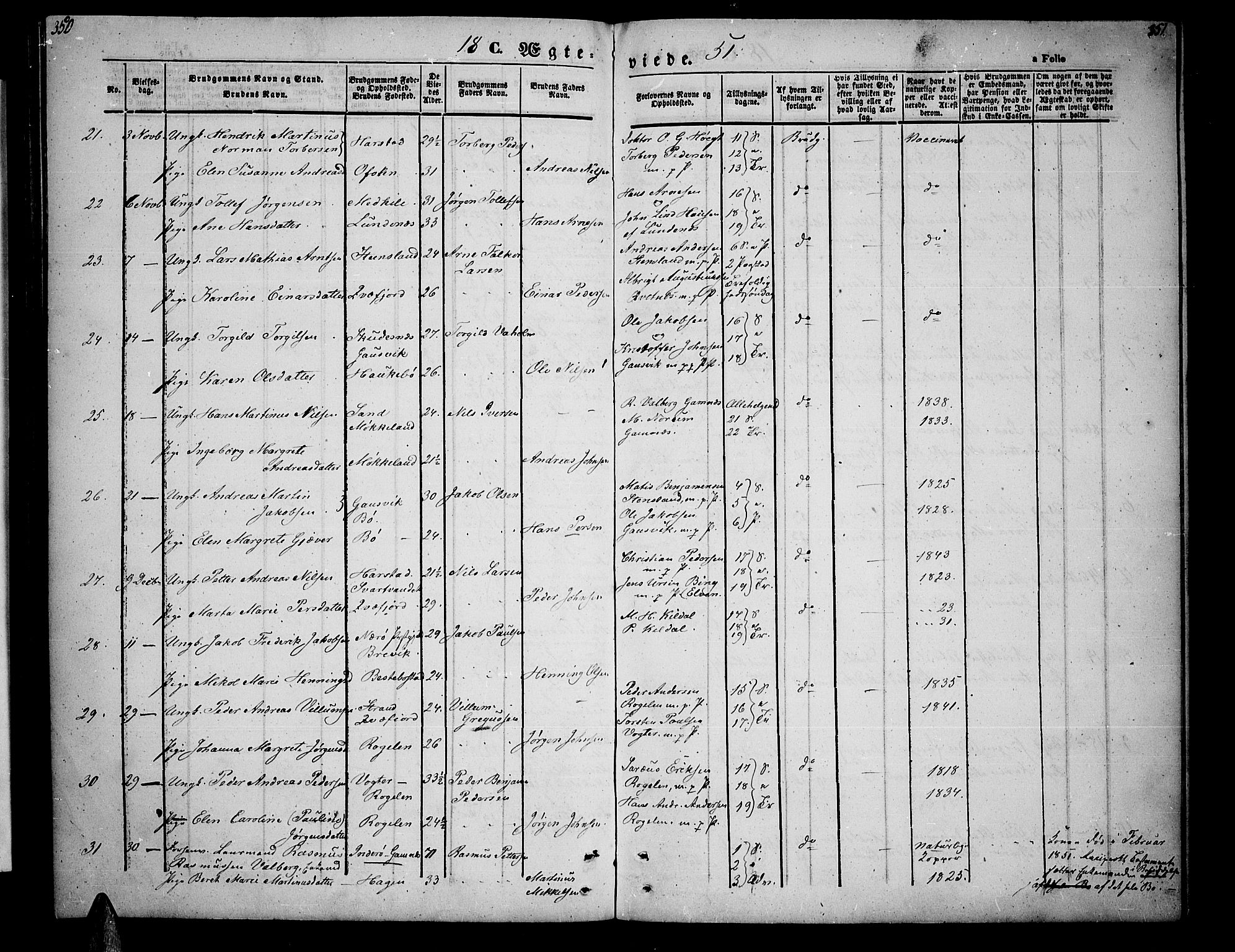 Trondenes sokneprestkontor, AV/SATØ-S-1319/H/Hb/L0006klokker: Parish register (copy) no. 6, 1845-1855, p. 350-351