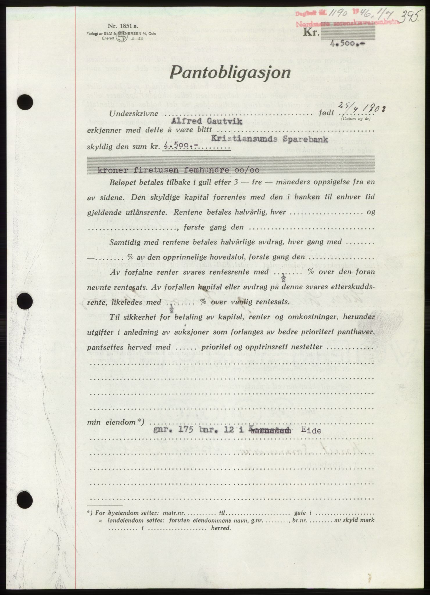 Nordmøre sorenskriveri, AV/SAT-A-4132/1/2/2Ca: Mortgage book no. B94, 1946-1946, Diary no: : 1190/1946