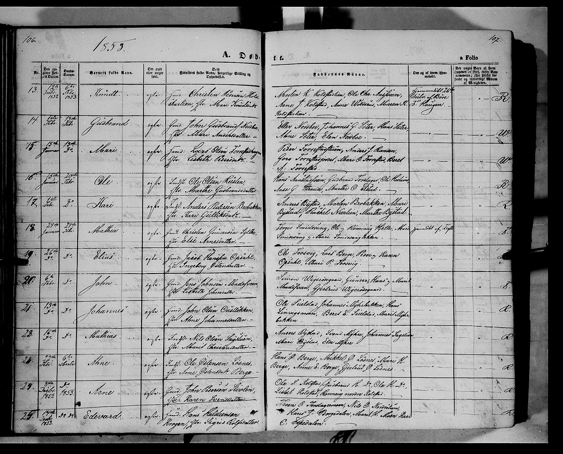 Ringebu prestekontor, SAH/PREST-082/H/Ha/Haa/L0006: Parish register (official) no. 6, 1848-1859, p. 106-107