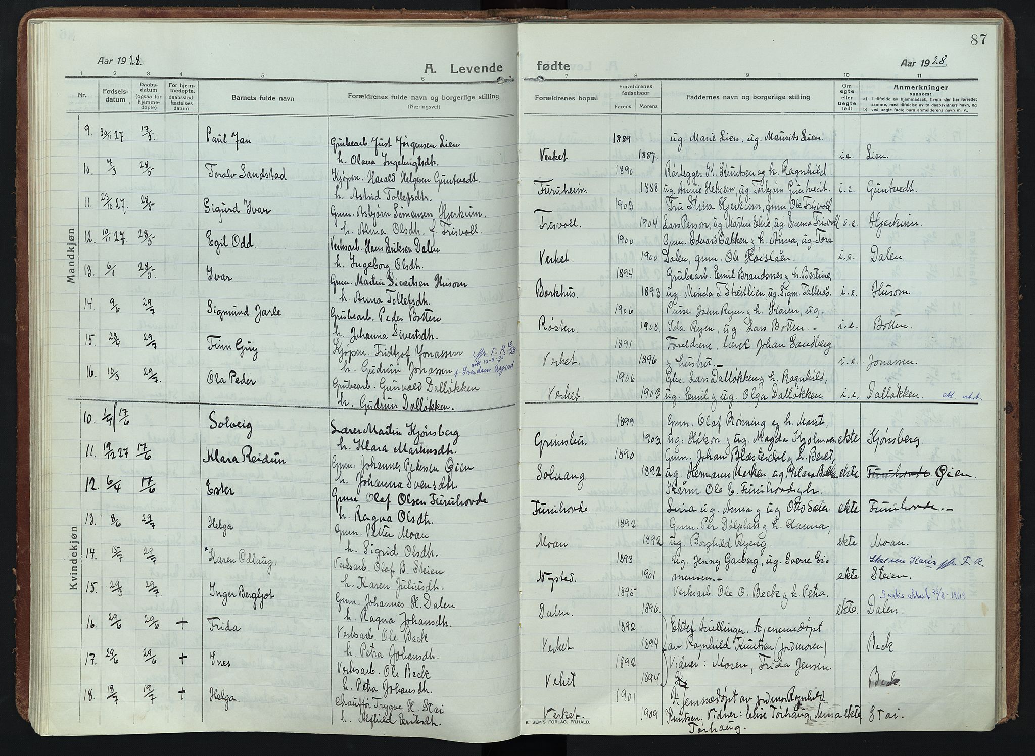 Alvdal prestekontor, AV/SAH-PREST-060/H/Ha/Haa/L0005: Parish register (official) no. 5, 1913-1930, p. 87