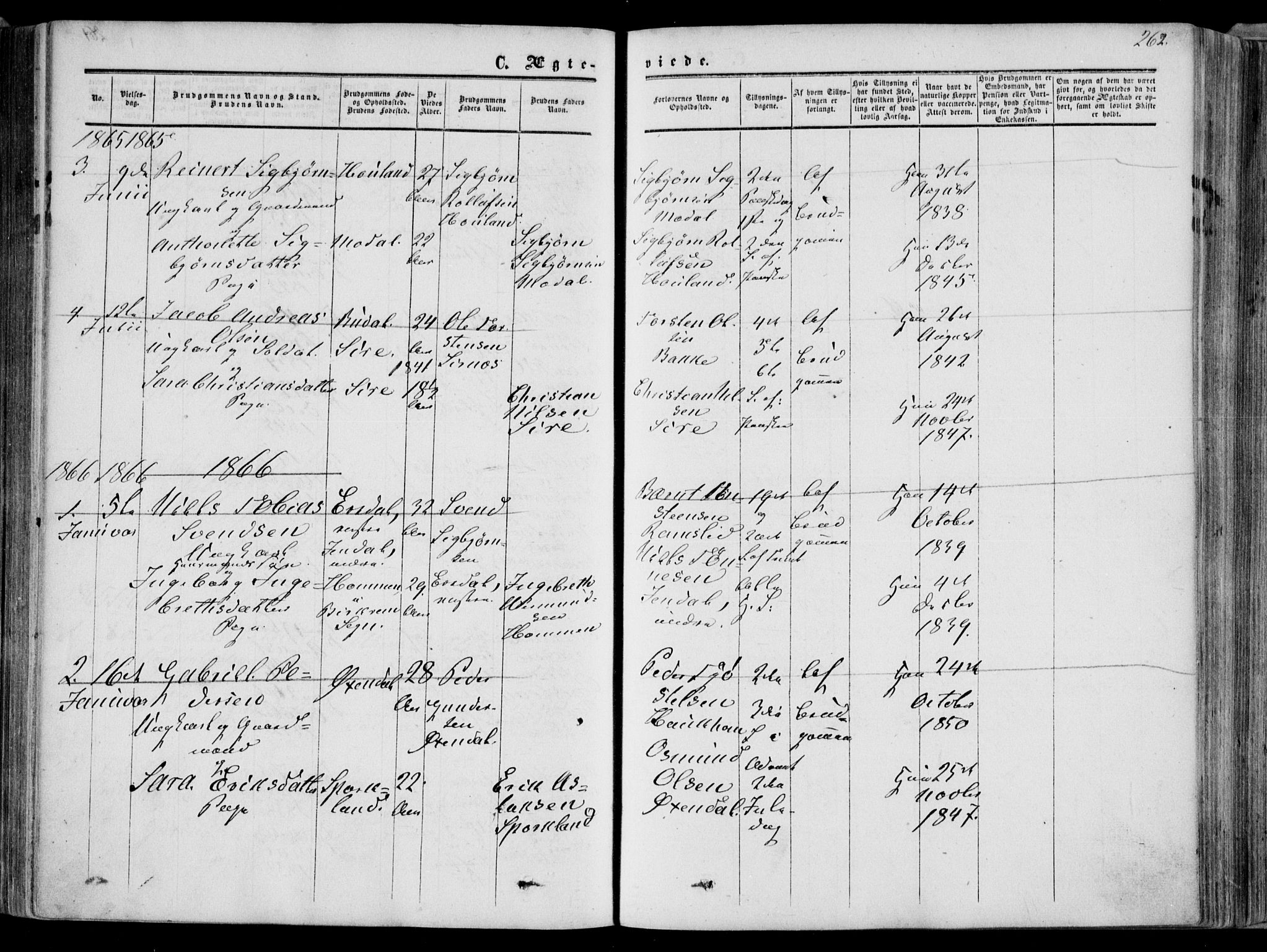 Bakke sokneprestkontor, SAK/1111-0002/F/Fa/Faa/L0006: Parish register (official) no. A 6, 1855-1877, p. 262