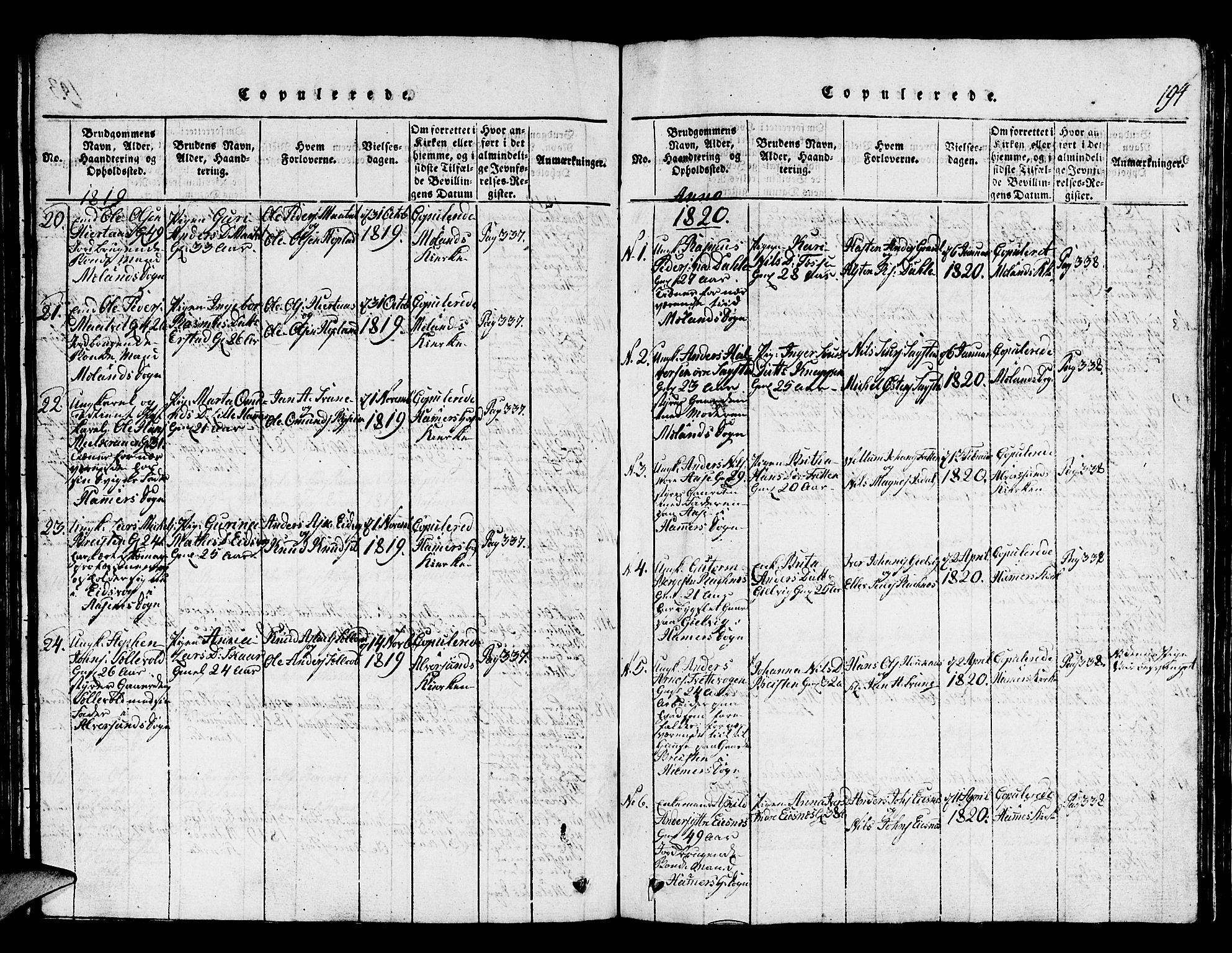 Hamre sokneprestembete, SAB/A-75501/H/Ha/Hab: Parish register (copy) no. A 1, 1816-1826, p. 194