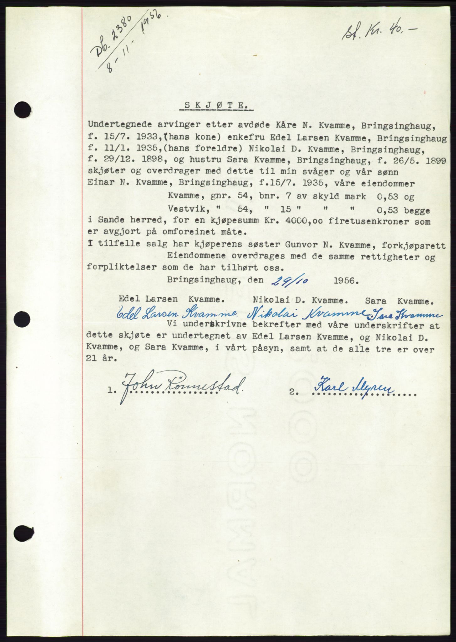 Søre Sunnmøre sorenskriveri, AV/SAT-A-4122/1/2/2C/L0104: Mortgage book no. 30A, 1956-1956, Diary no: : 2380/1956