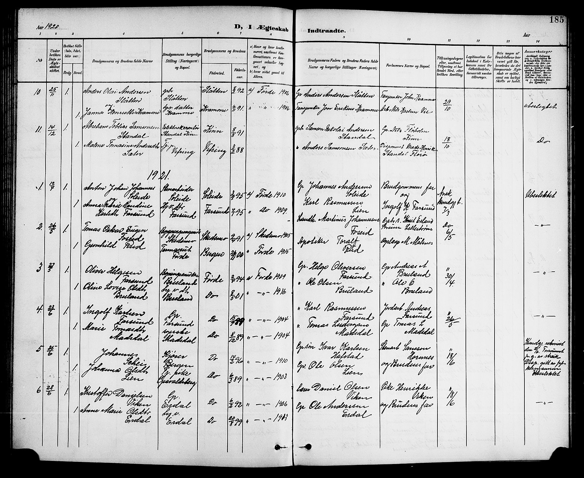 Førde sokneprestembete, AV/SAB-A-79901/H/Hab/Haba/L0003: Parish register (copy) no. A 3, 1899-1924, p. 185