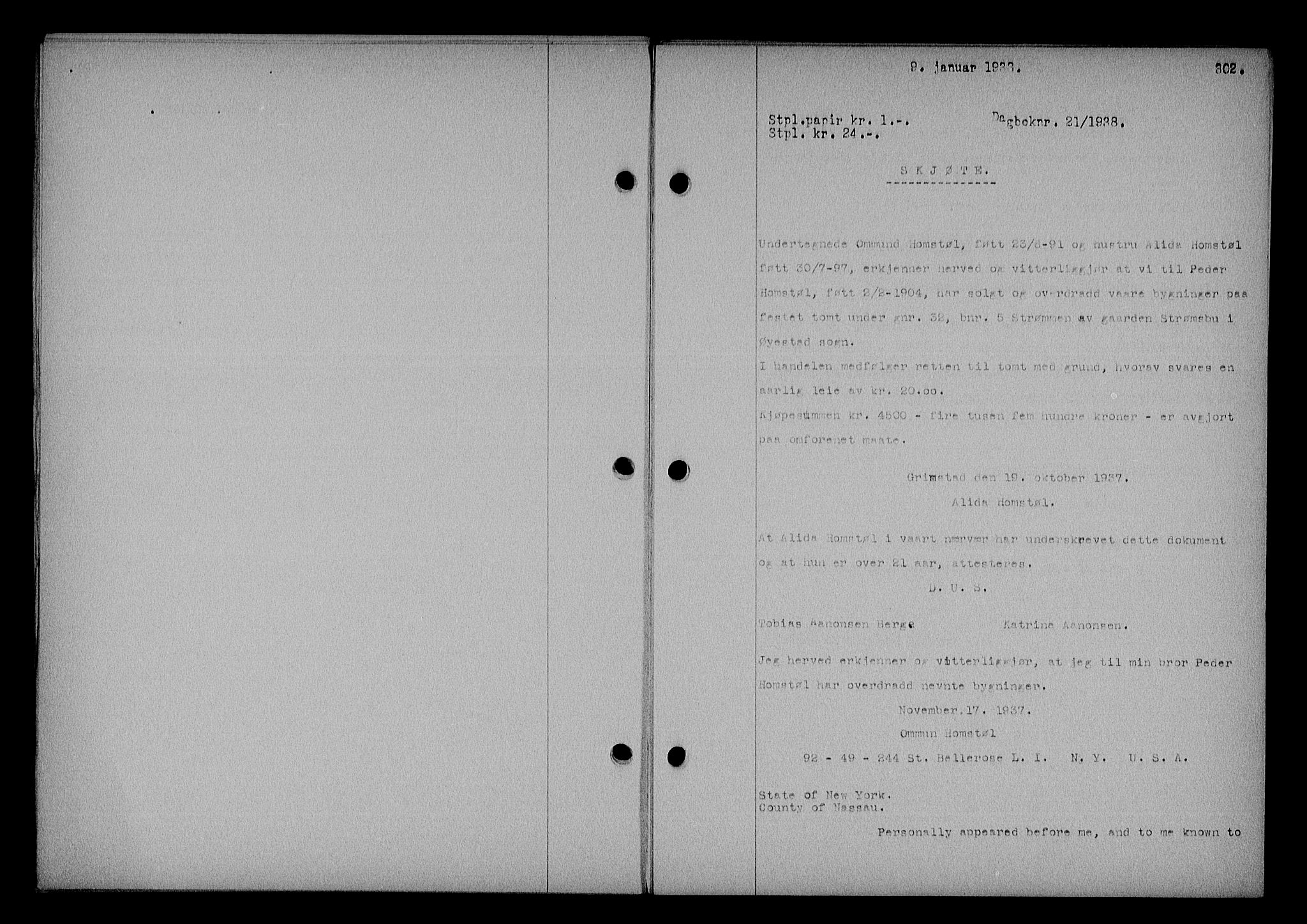 Nedenes sorenskriveri, SAK/1221-0006/G/Gb/Gba/L0044: Mortgage book no. 40, 1937-1938, Diary no: : 21/1938