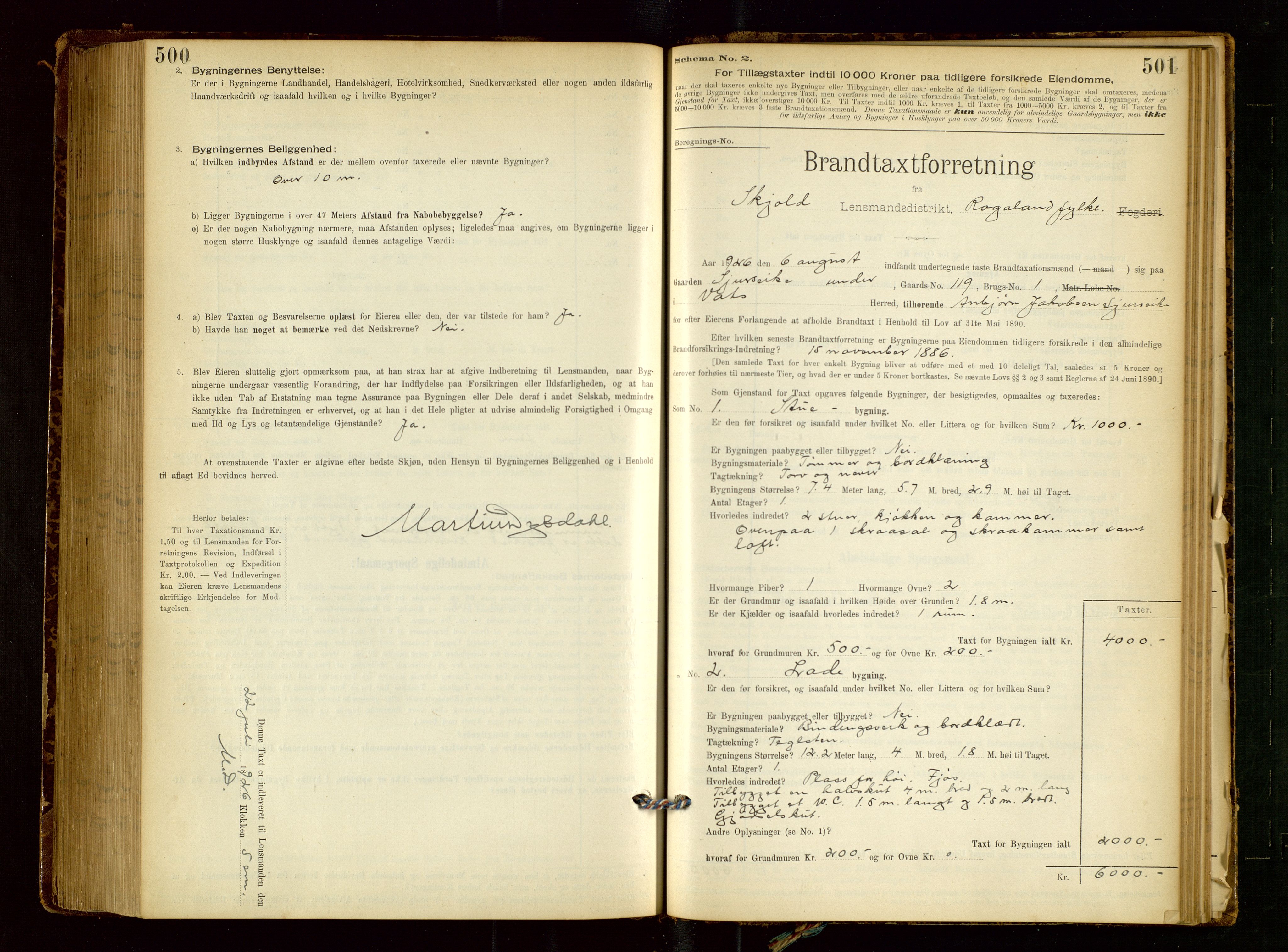 Skjold lensmannskontor, AV/SAST-A-100182/Gob/L0001: "Brandtaxationsprotokol for Skjold Lensmandsdistrikt Ryfylke Fogderi", 1894-1939, p. 500-501