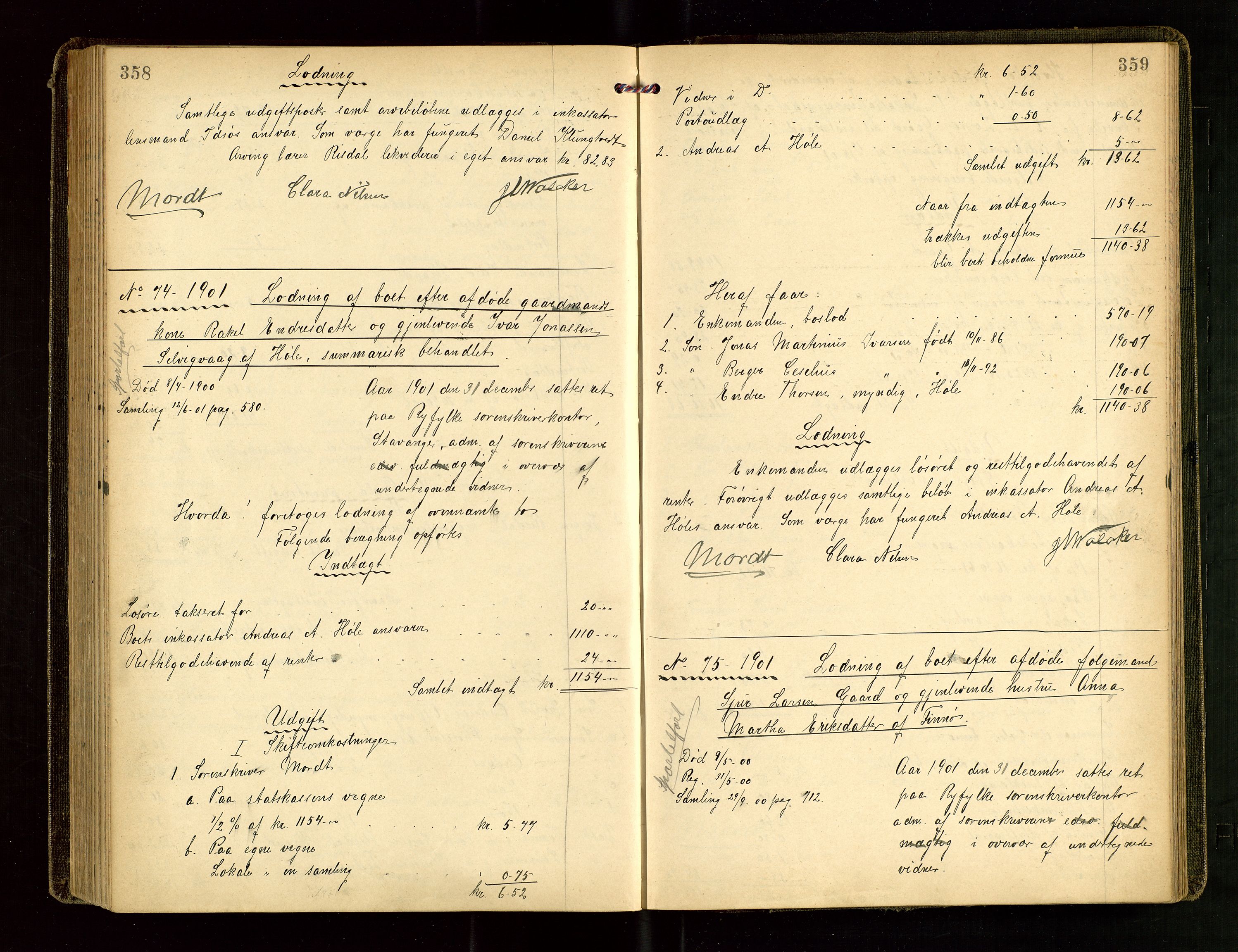 Ryfylke tingrett, AV/SAST-A-100055/001/IV/IVG/L0001: Skifteutlodningsprotokoll Med register, 1899-1903, p. 358-359