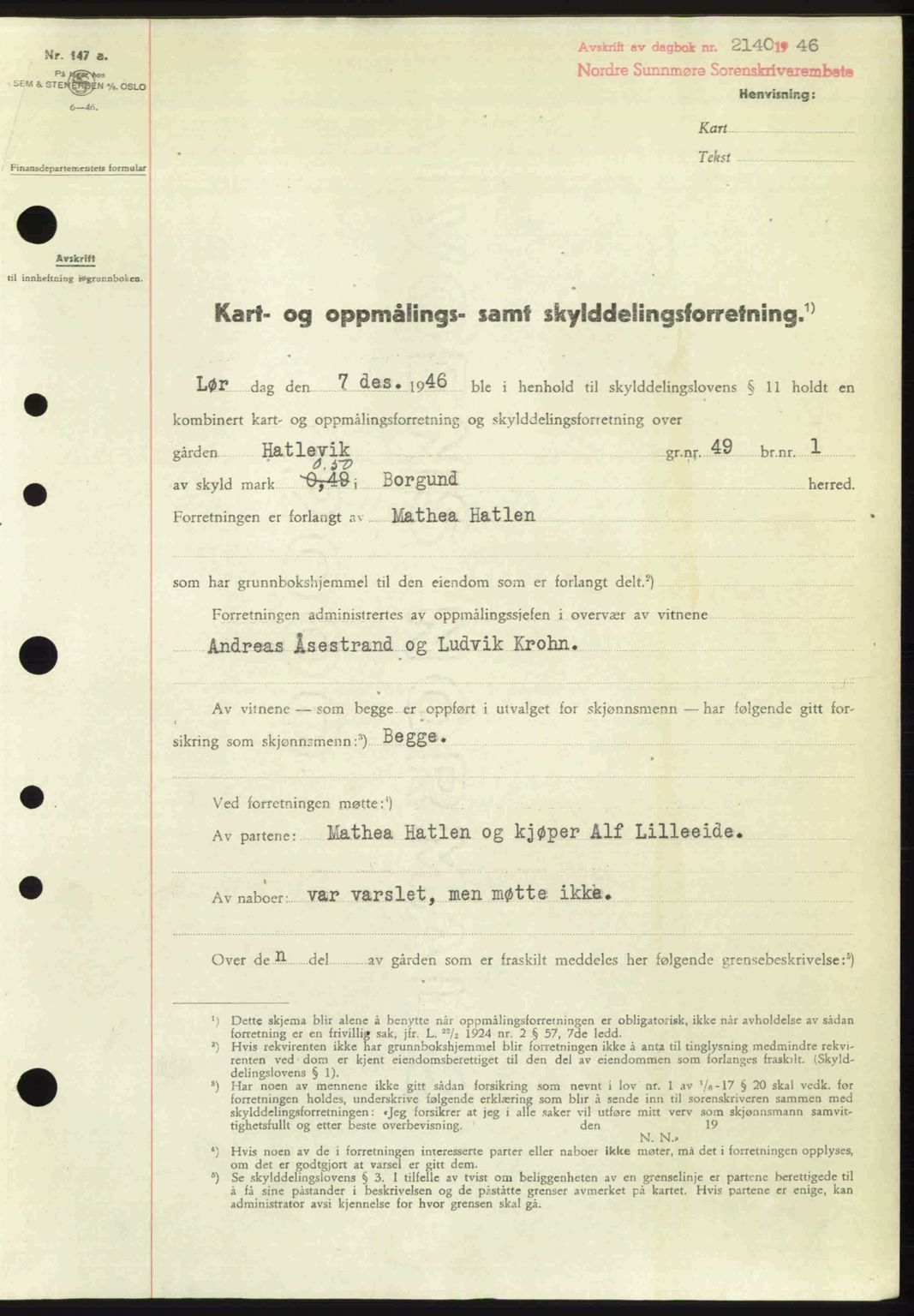 Nordre Sunnmøre sorenskriveri, AV/SAT-A-0006/1/2/2C/2Ca: Mortgage book no. A23, 1946-1947, Diary no: : 2140/1946