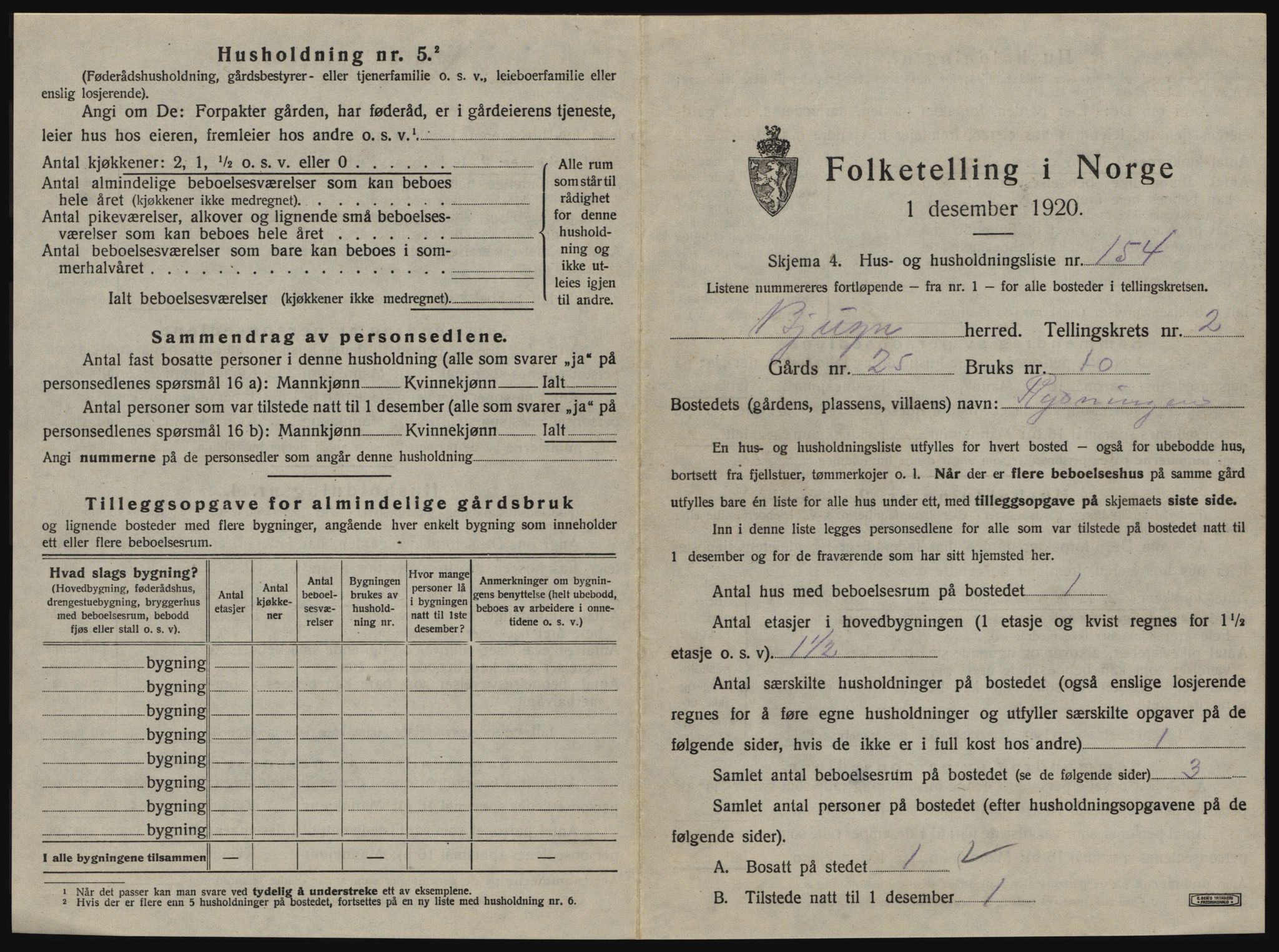 SAT, 1920 census for Bjugn, 1920, p. 485