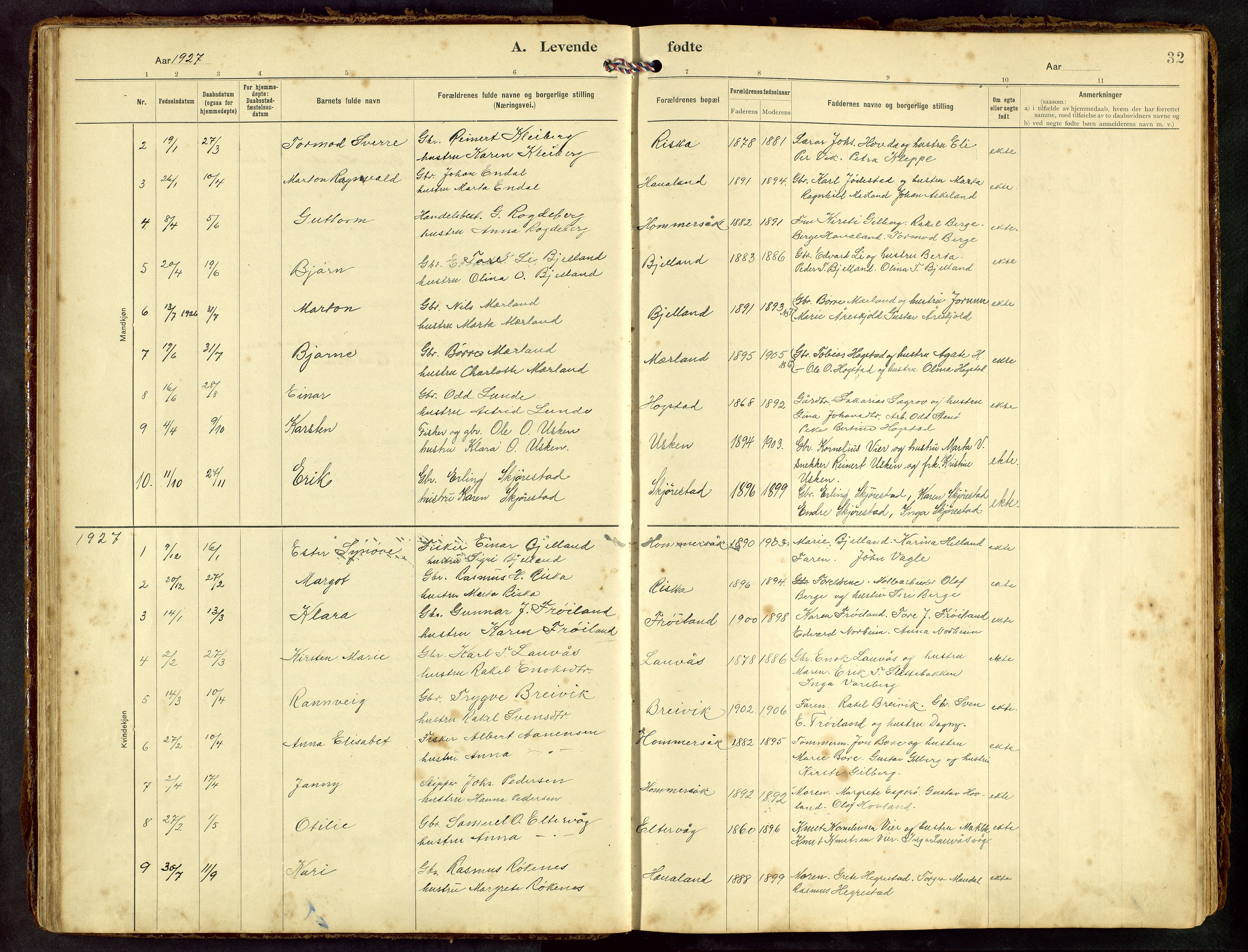 Hetland sokneprestkontor, SAST/A-101826/30/30BB/L0010: Parish register (copy) no. B 10, 1910-1968, p. 32