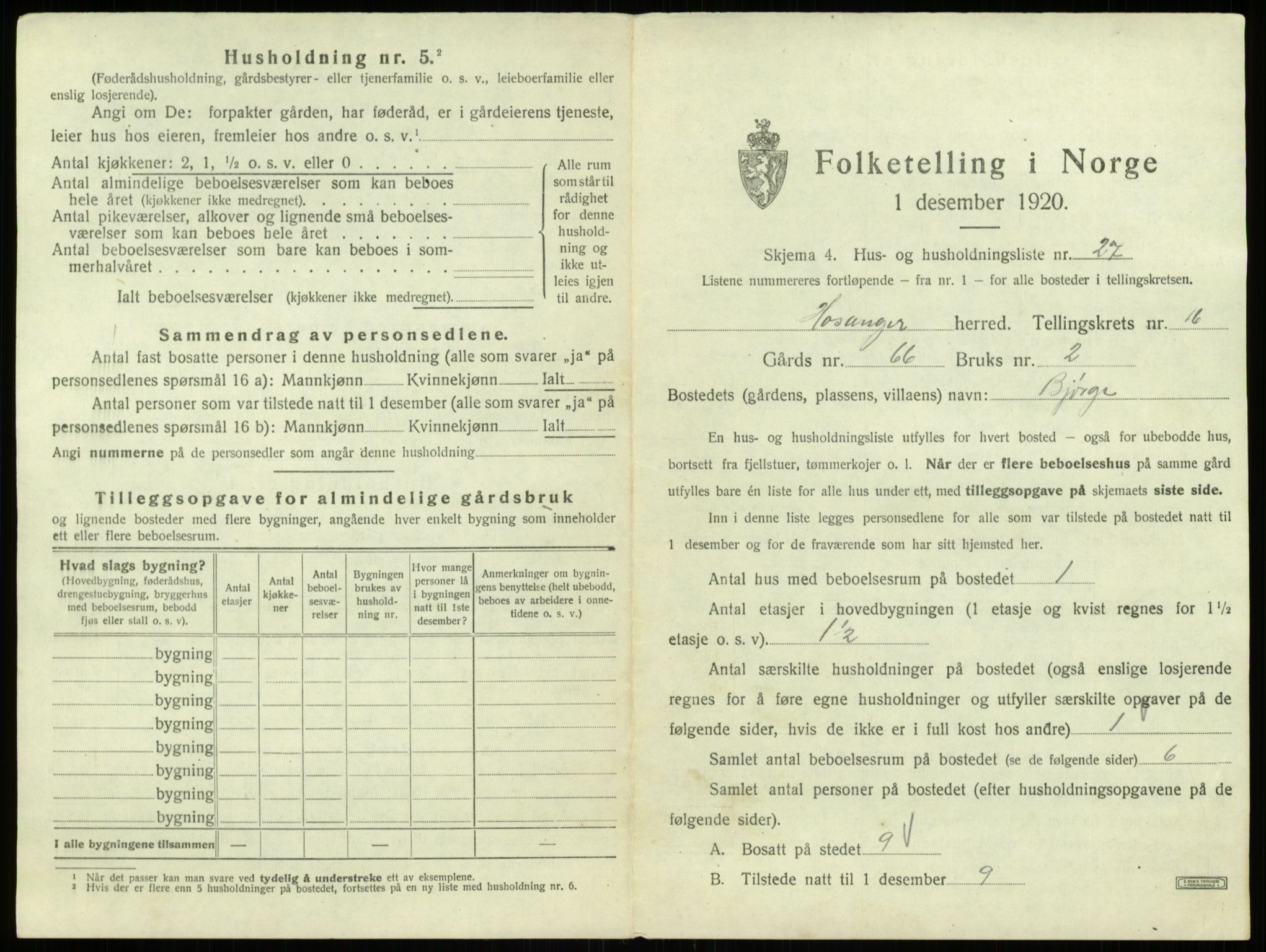 SAB, 1920 census for Hosanger, 1920, p. 876