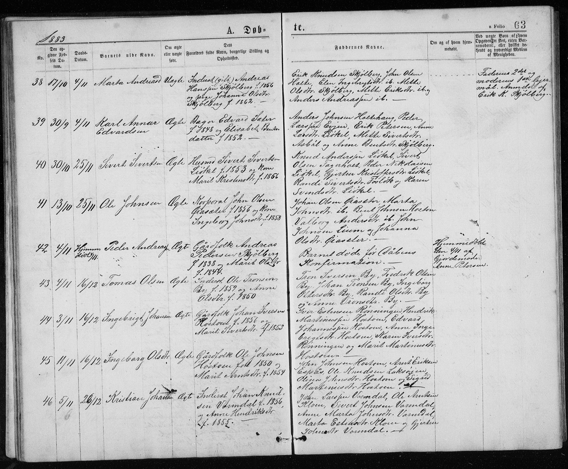 Ministerialprotokoller, klokkerbøker og fødselsregistre - Sør-Trøndelag, SAT/A-1456/671/L0843: Parish register (copy) no. 671C02, 1873-1892, p. 63